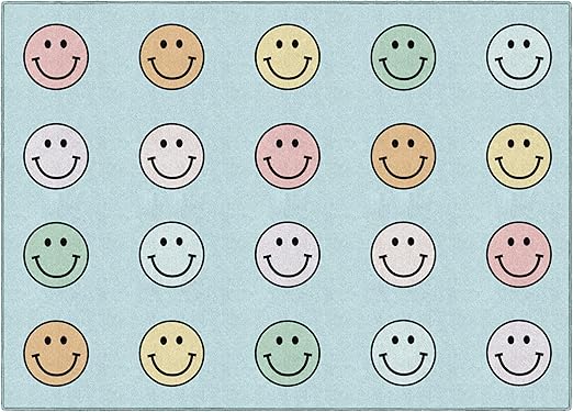 Schoolgirl Style Rainbow Smileys in Black Criss-Cross Applesauce Educational Area Rug