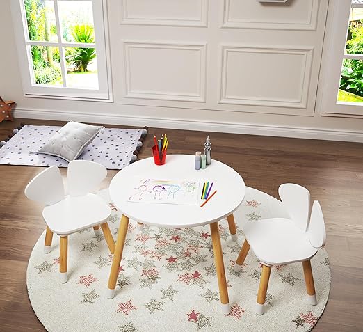 Kids Wood Table and Chair Set, Kids Play Table with 2 Chairs