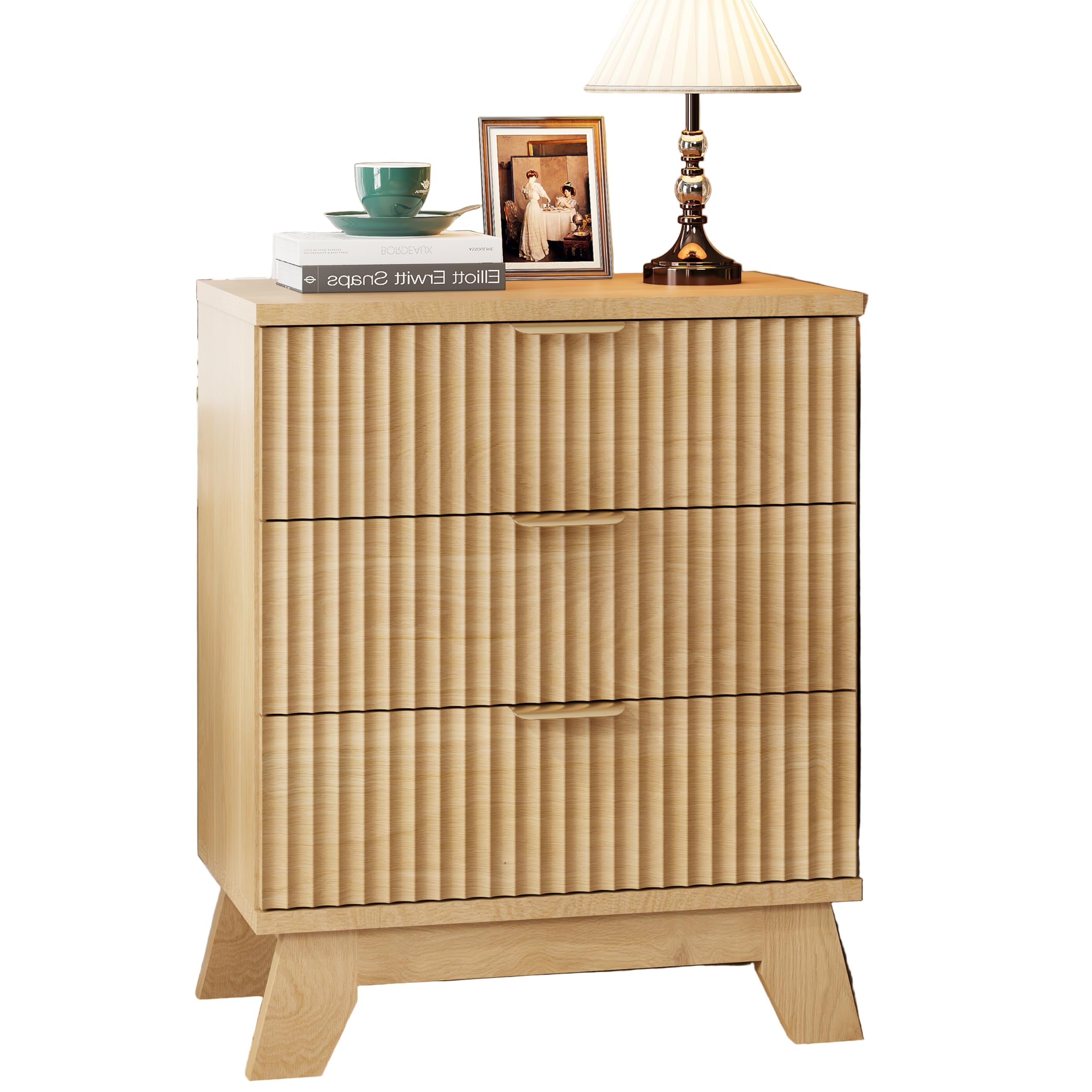 Fluted Nightstand, 24" Wide Side Table with 3 Large Storage