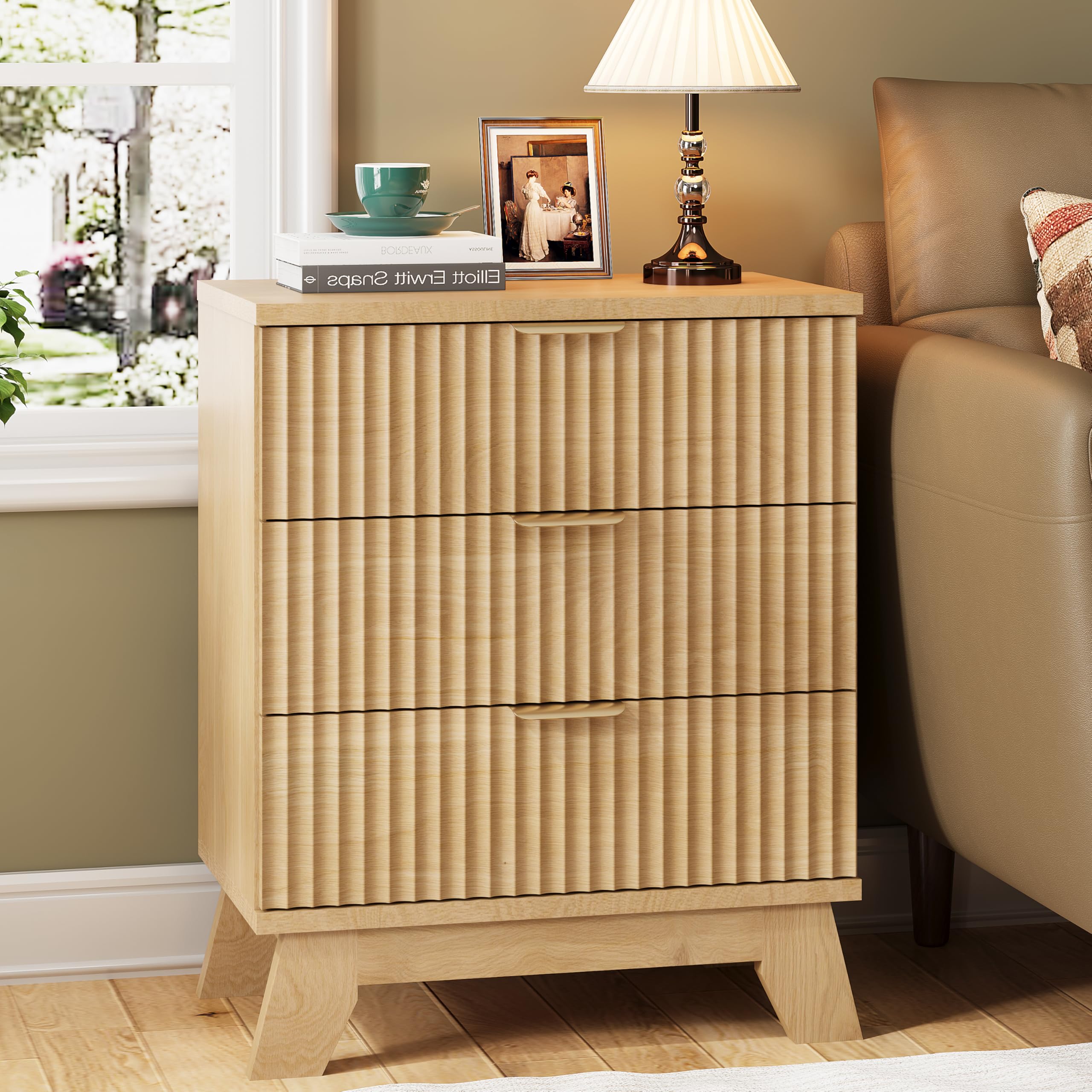 Fluted Nightstand with 3 Drawers Mid Century Modern Wood Bedside Table