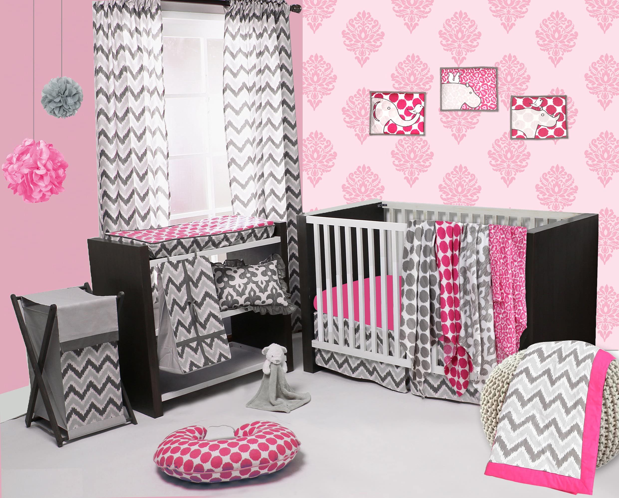Bacati Ikat Pink/Grey 6 Pc Crib Set with 4 Muslin Swaddling Blankets, Crib Skirt & Solid Crib Fitted Sheet