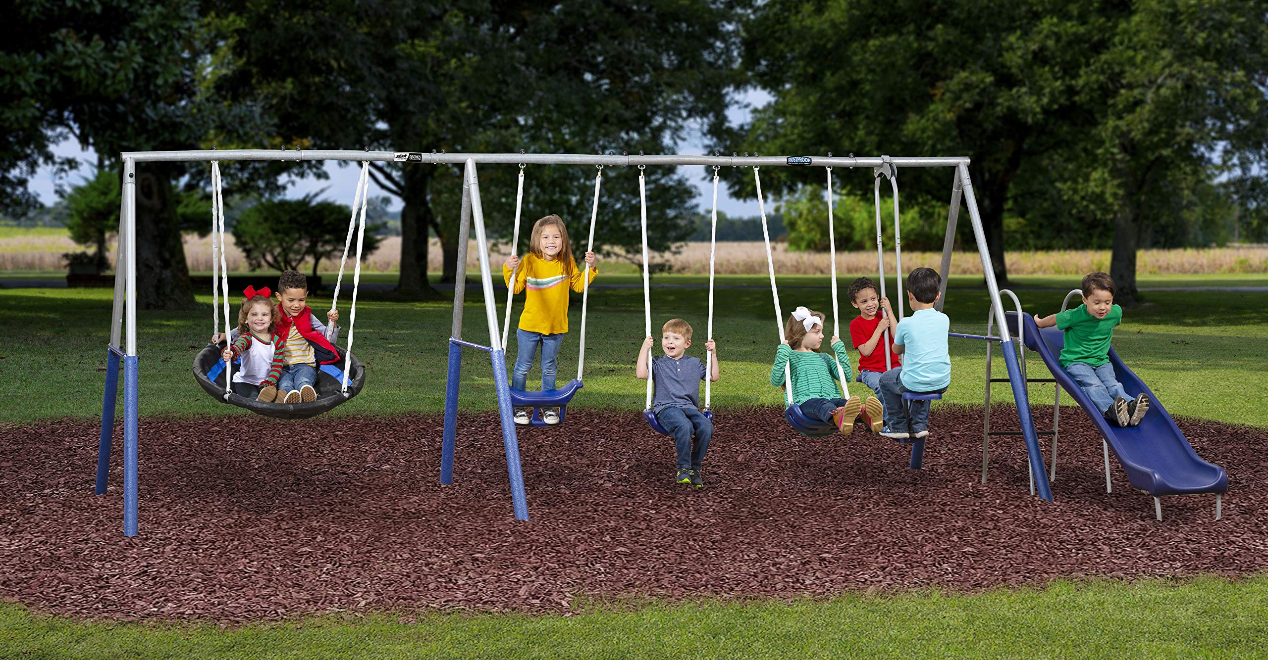 Galvanized Metal Swing Set 6 Station Outdoor Playset with Wave Slide