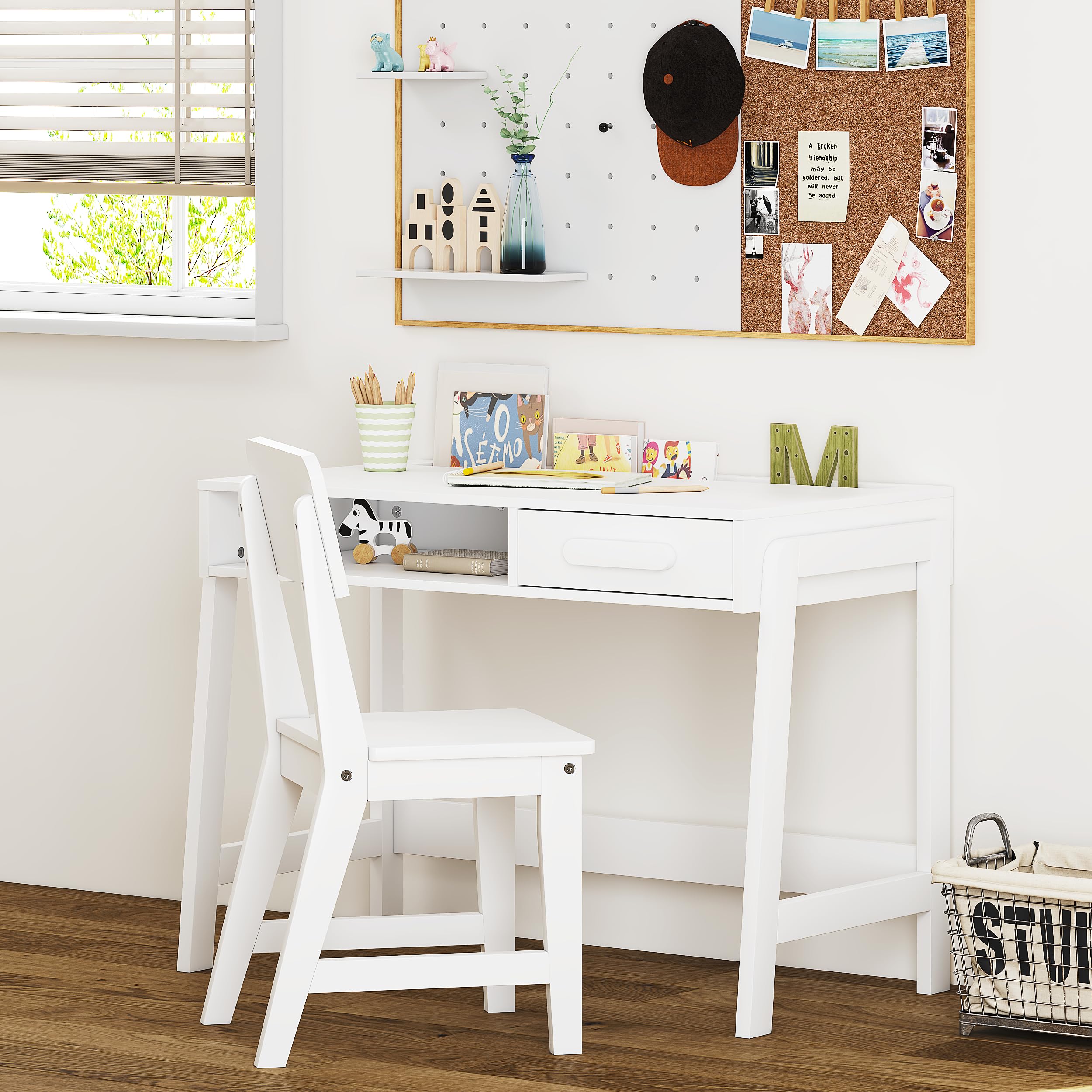 Desk and Chair Set, Study Desk for Kids with Drawers, Wooden