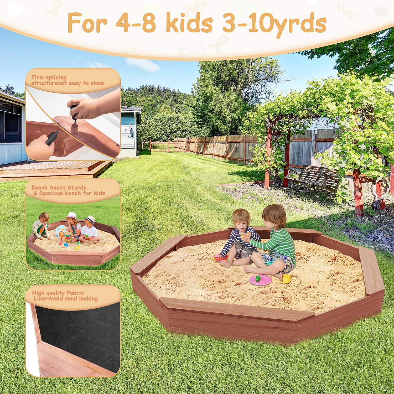 Octagonal Wooden Sandbox with Cover and Bench Seats