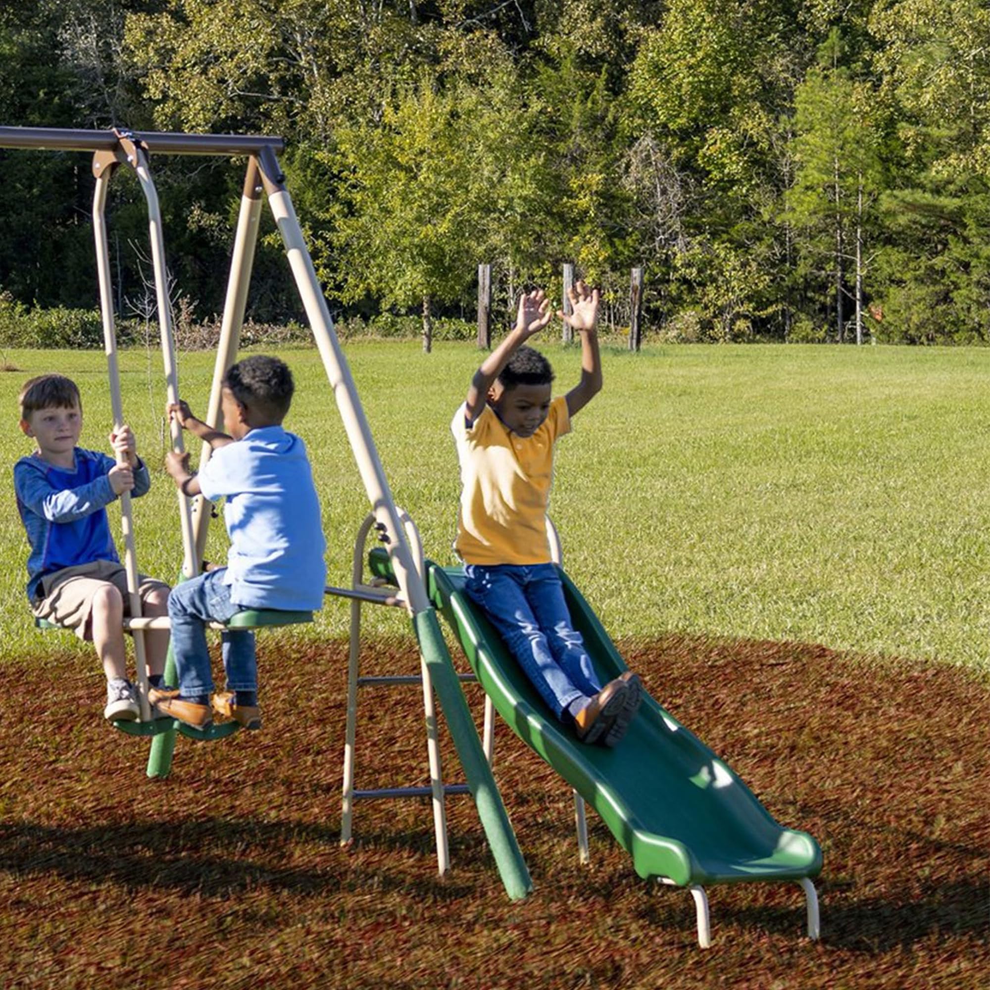 Metal Outdoor Swing Set with Slide Glider Seesaw