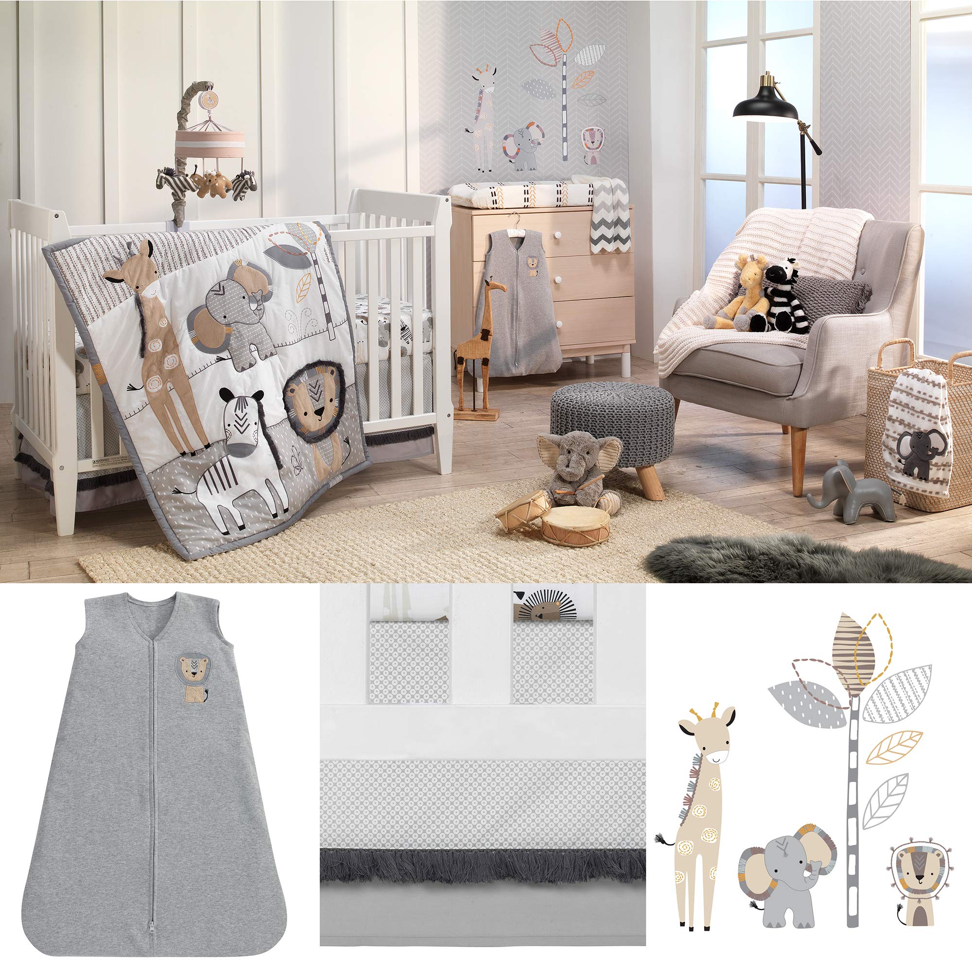 Safari Gray/Tan/White Nursery 6-Piece Baby Crib Bedding Set