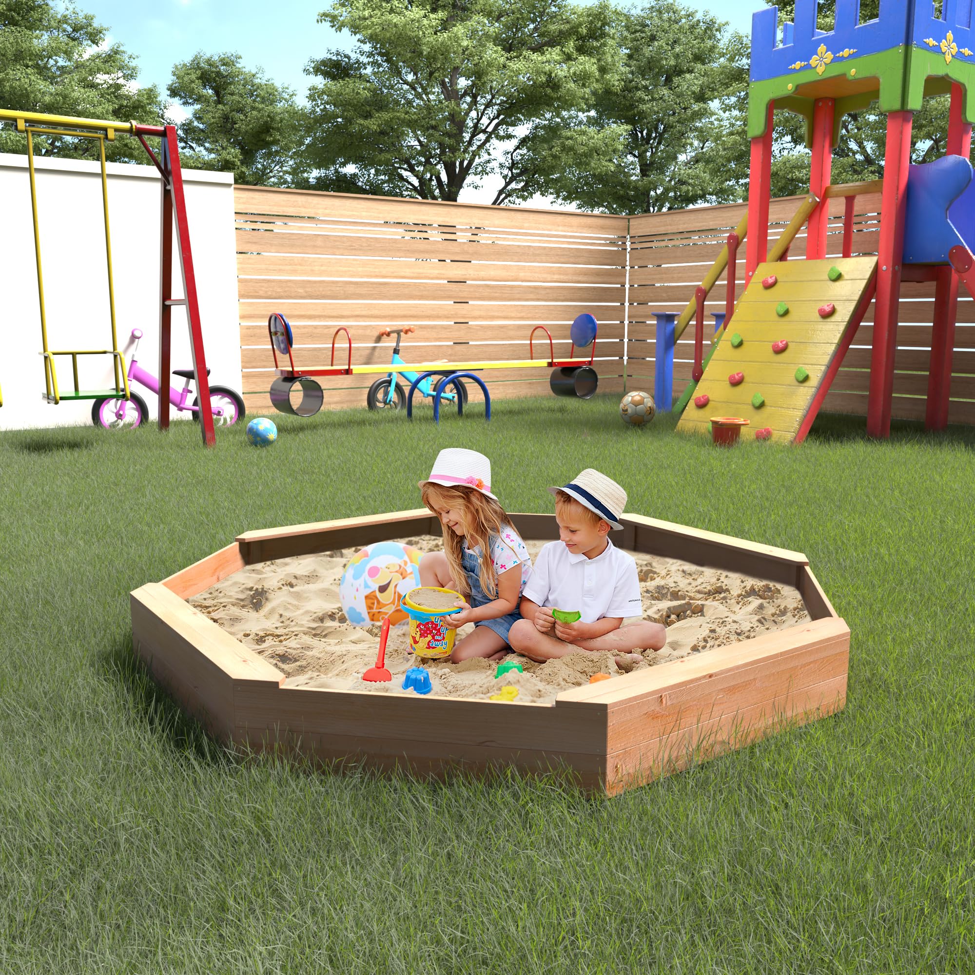 Kid's Large Octagonal Wooden Outdoor Sandbox
