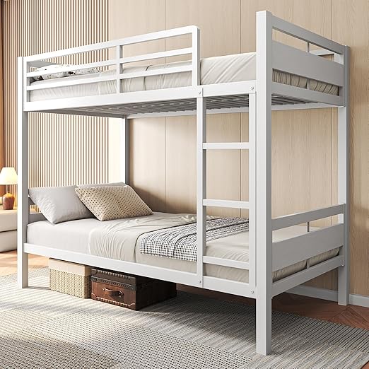 Metal Twin Over Twin Bunk Bed with Ladder and High Guardrail