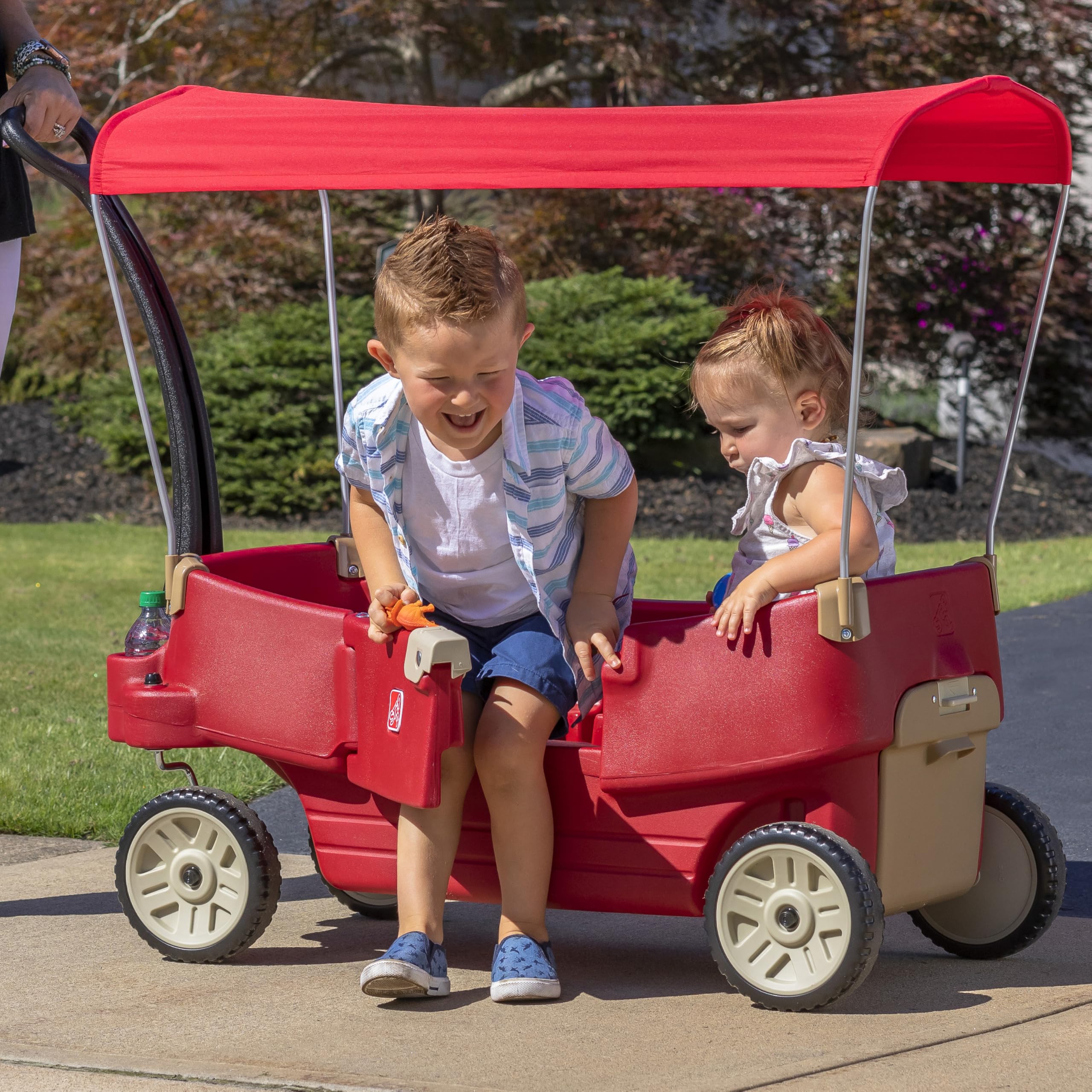 Step2 All Around Canopy Wagon, Kids Ride On Toy, Stroller Substitute, Includes Seat Belts, Made of Durable Plastic, Max Weight 75 lbs., For Toddlers 1.5-5 Years Old