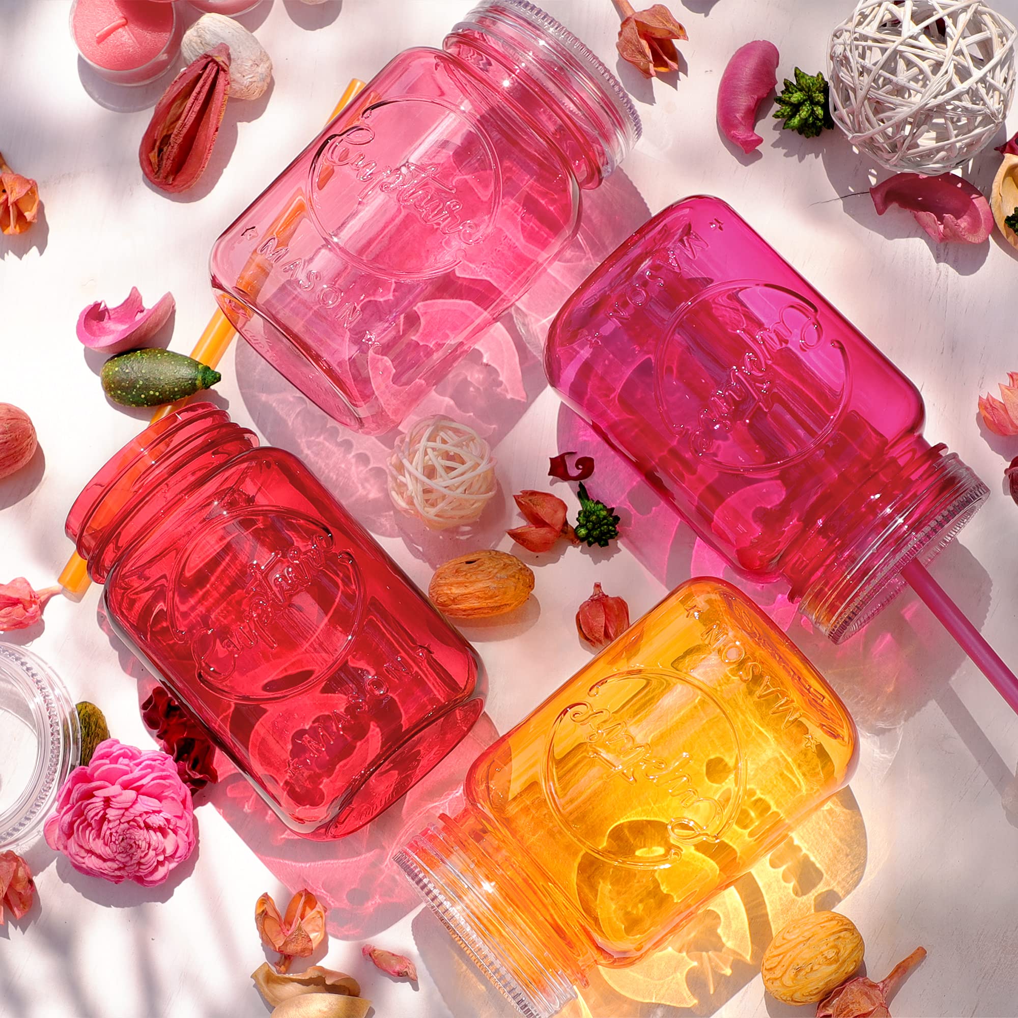 Acrylic Mason Jar Tumbler Mugs with Lids & Straws - 20 oz, 6 Pack (Warm Blossom)