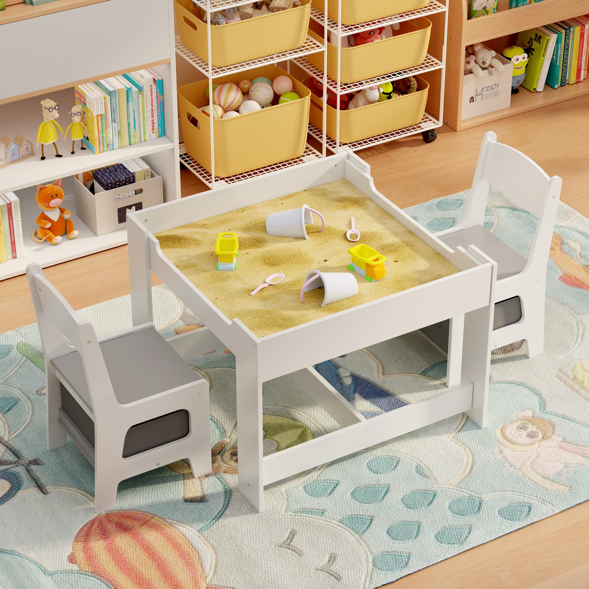 Kids Table and Chairs with Storage 3 in 1 Toddler Craft Table and Chair Set Sensory