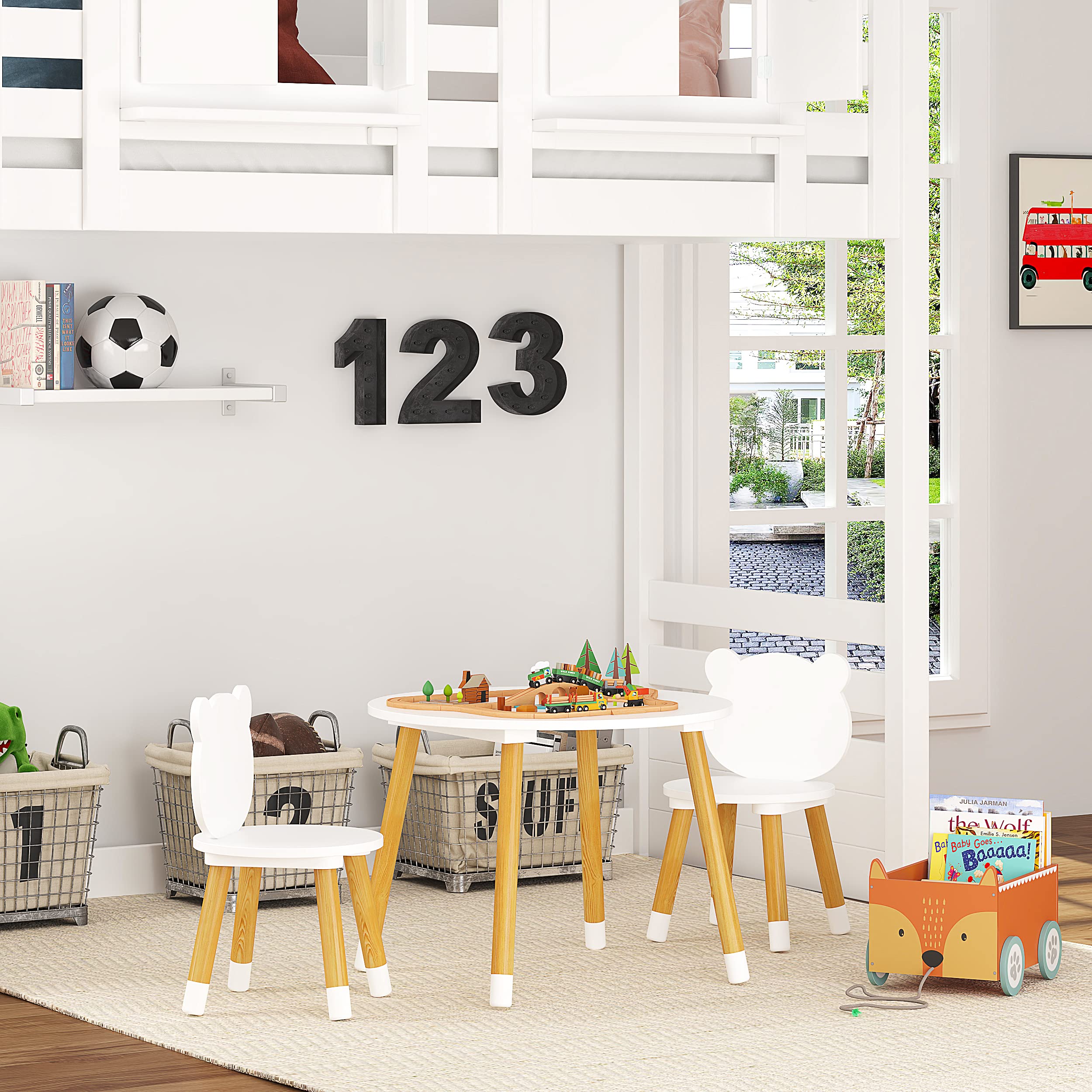 Kids Wood Table and Chair Set, Kids Play Table with 2 Chairs