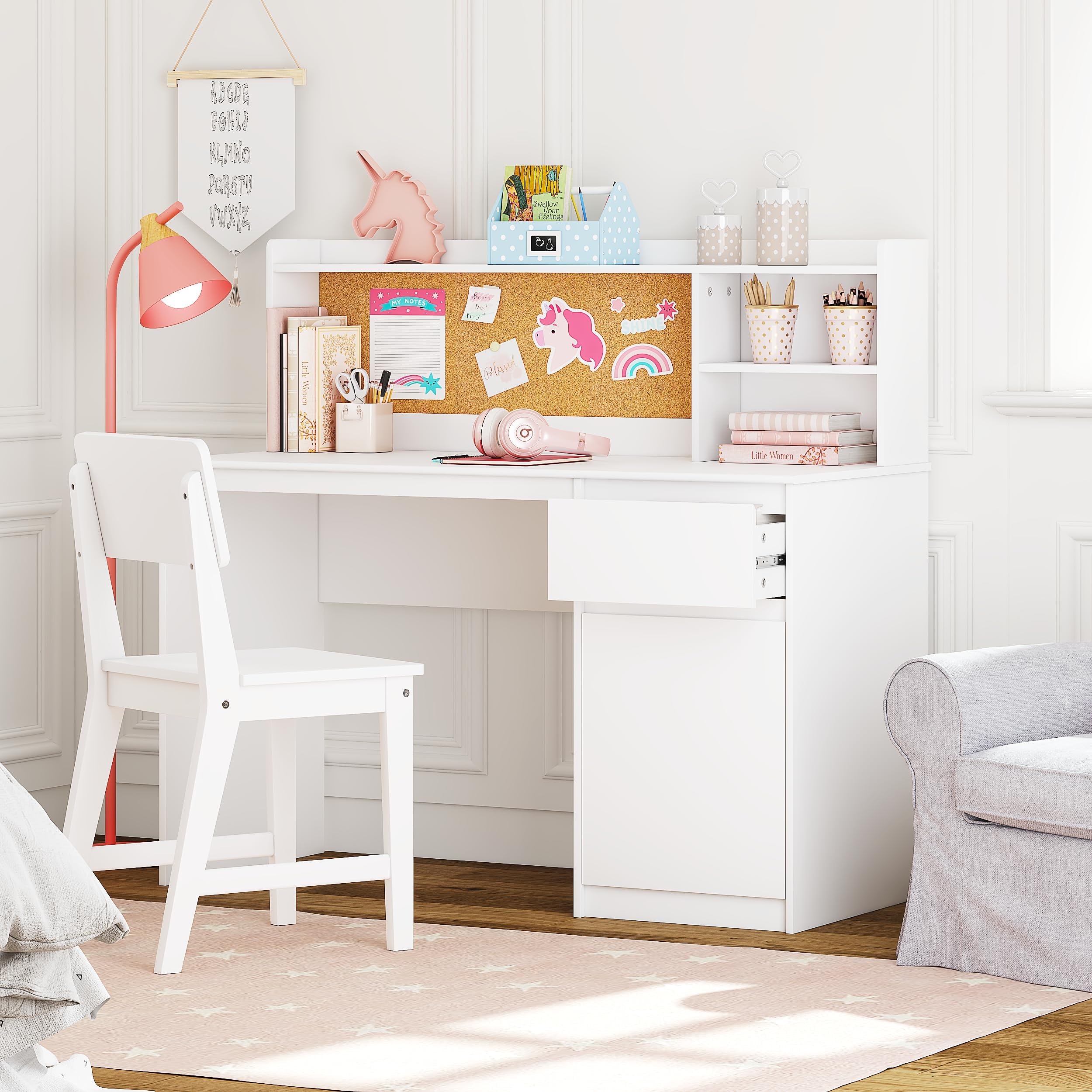 Kids Study Desk with Chair Set with Hutch and Storage