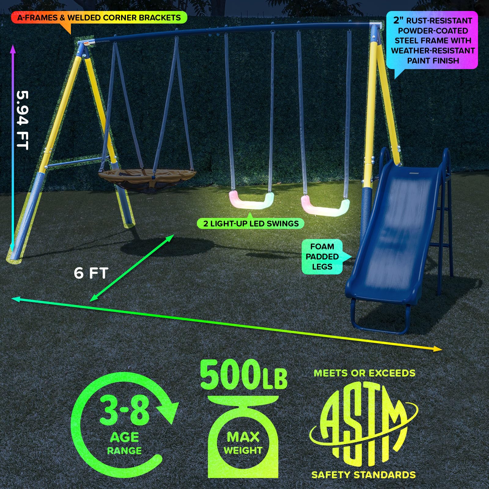 Metal Swing Set with LED Swings, Saucer Swing & 5ft Slide