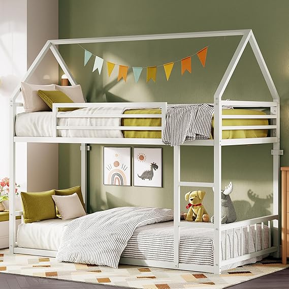 Bunk Bed Twin Over Twin, House Bunk Bed Frame with Ladder and Guardrail