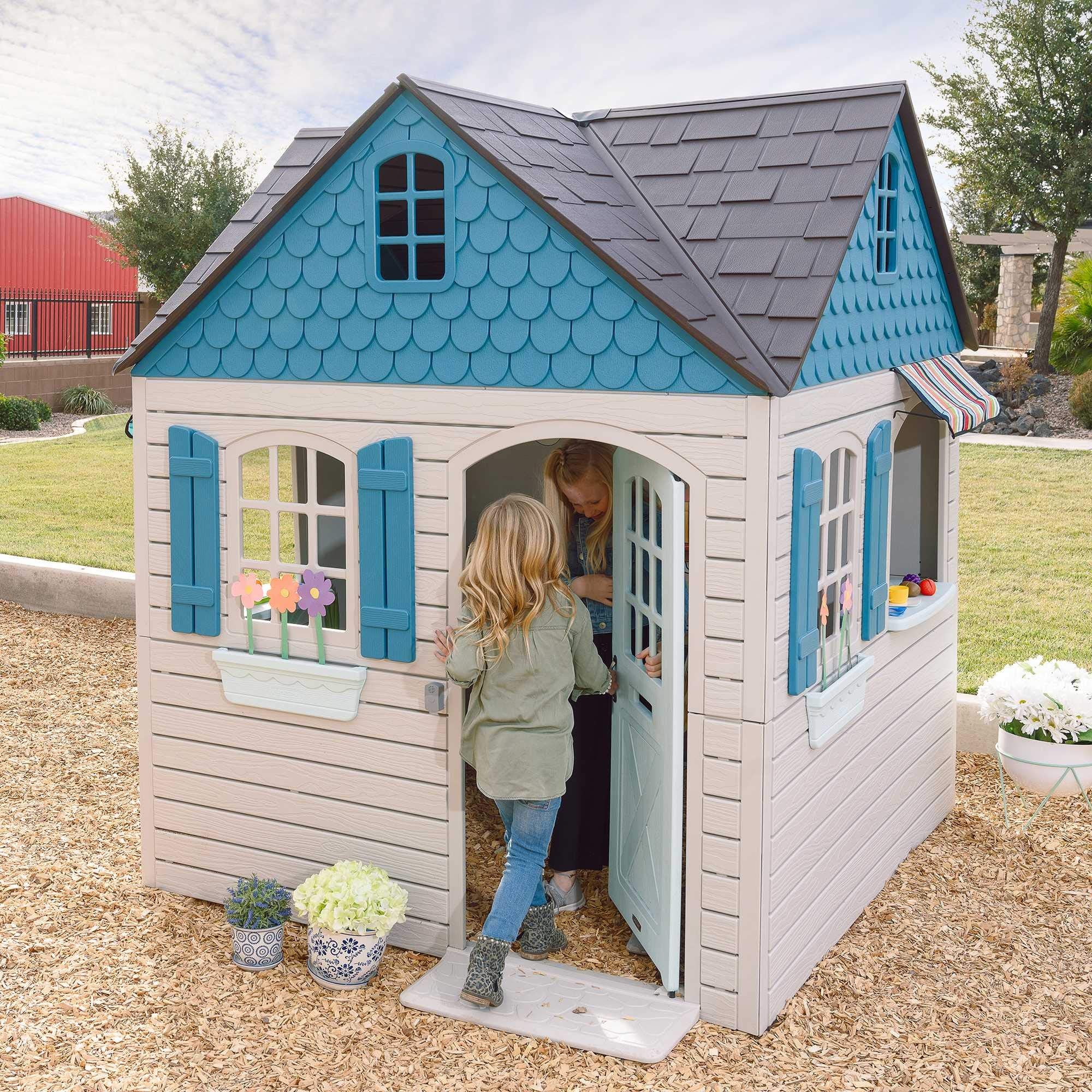 Heavy Duty Plastic Outdoor Playhouse with Doorbell and Play Kitchen