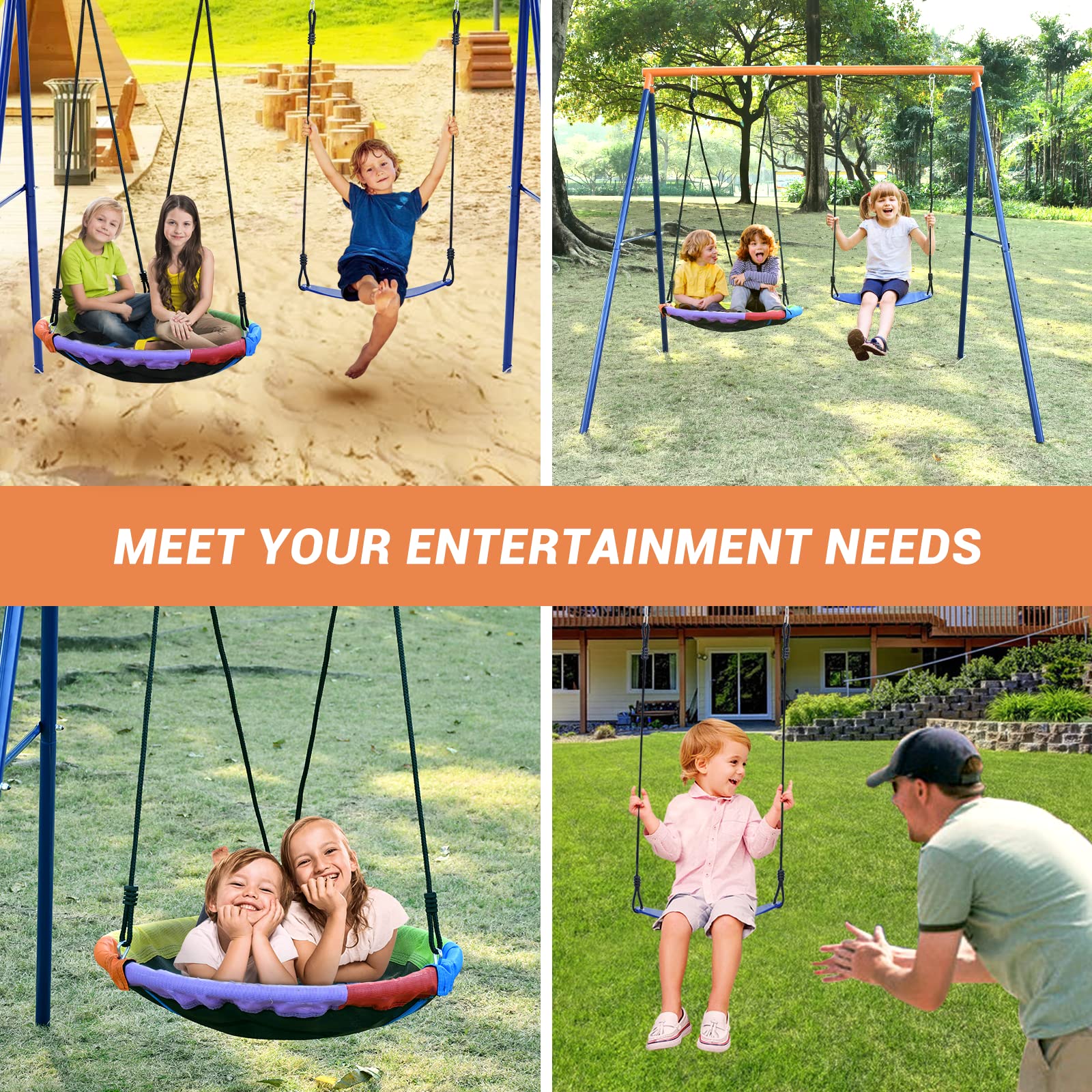 Swing Set for Backyard, 440lbs Swing Set with Heavy-Duty A-Frame Metal Stand