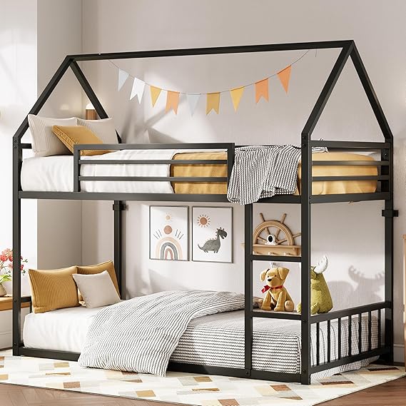 Bunk Bed Twin Over Twin, House Bunk Bed Frame with Ladder and Guardrail