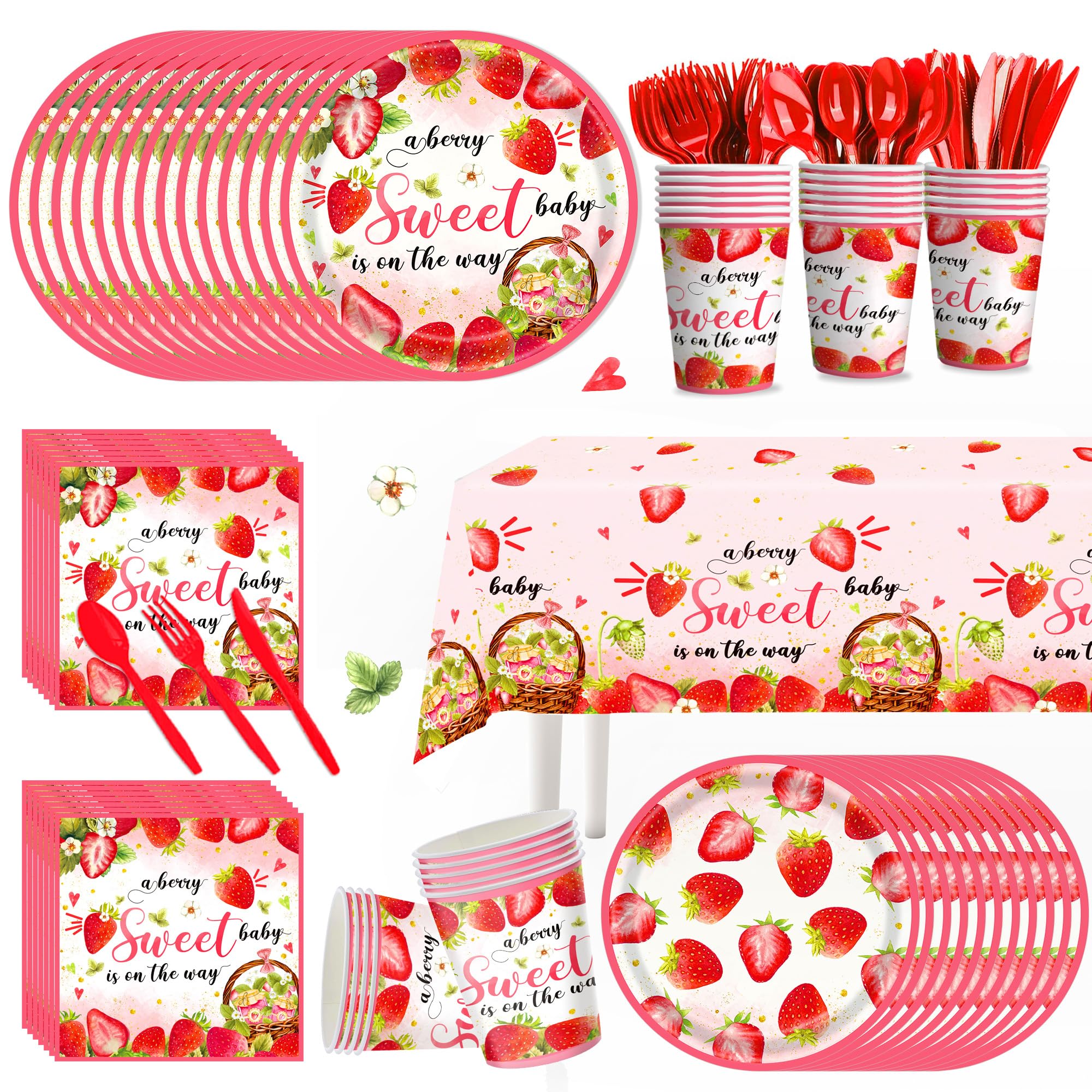 169pcs Strawberry Baby Shower Deorations Berry Sweet Plates Napkins Cups Tablecloths