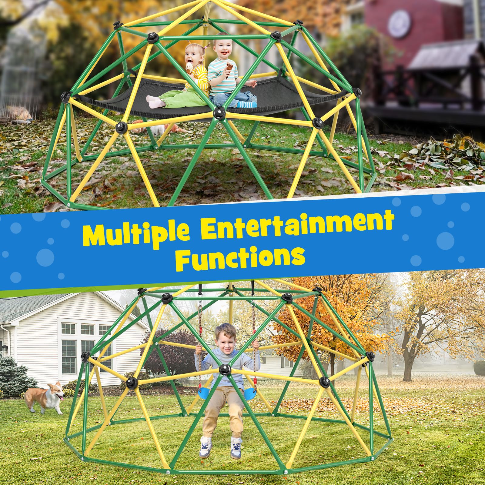 10FT Climbing Dome with Hammock & Swing for Kids