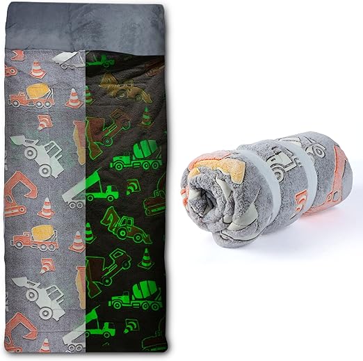 Kids Sleeping Bag with Pillow Pocket - Dinosaur Glow In