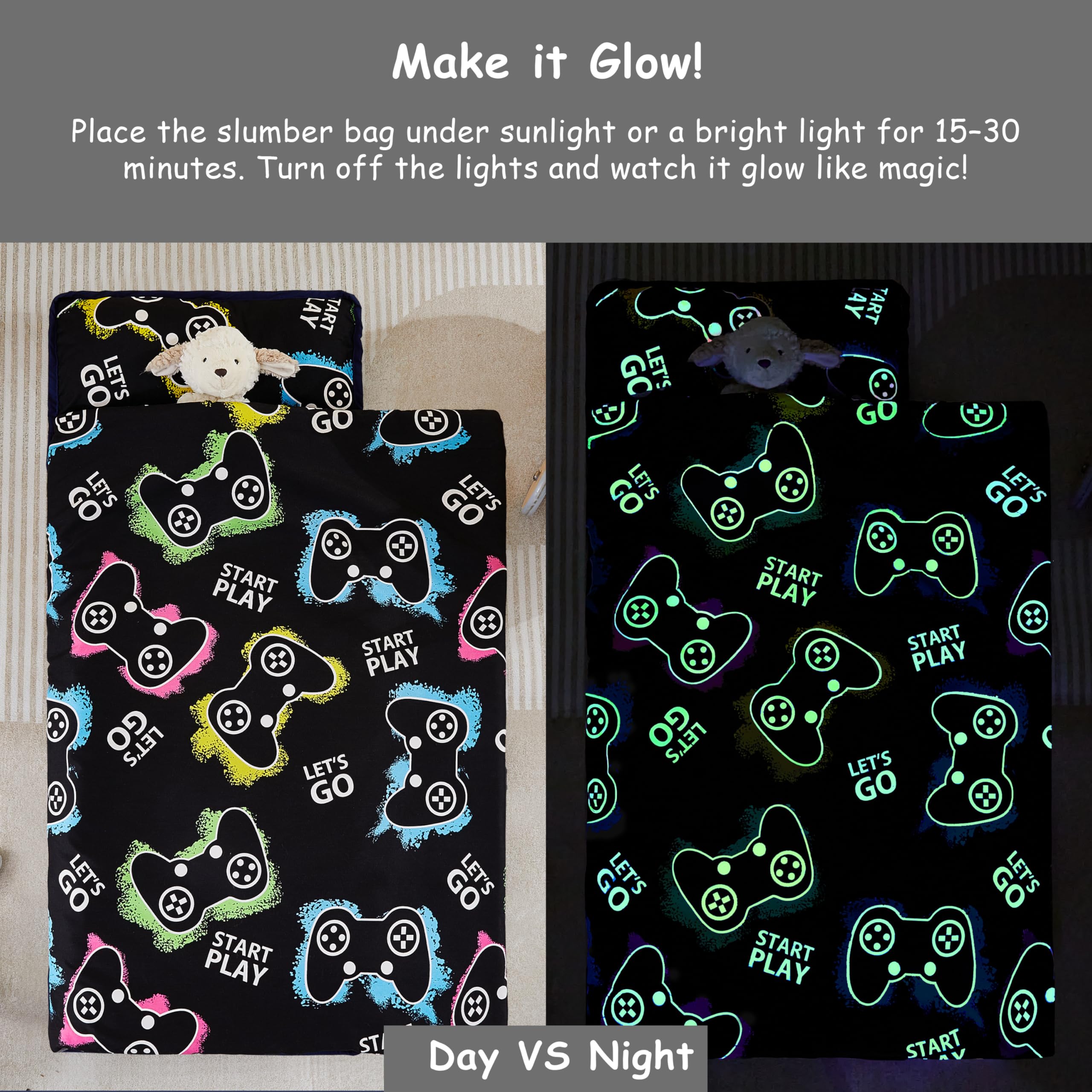 MORAIS Toddler Nap Mat with Removable Pillow and Blanket, Glow in The Dark 52" x 20" Lightweight and Soft Nap Mat for Preschool, Daycare, Travel Sleeping Mat Slumber Bag for Kids (Game)