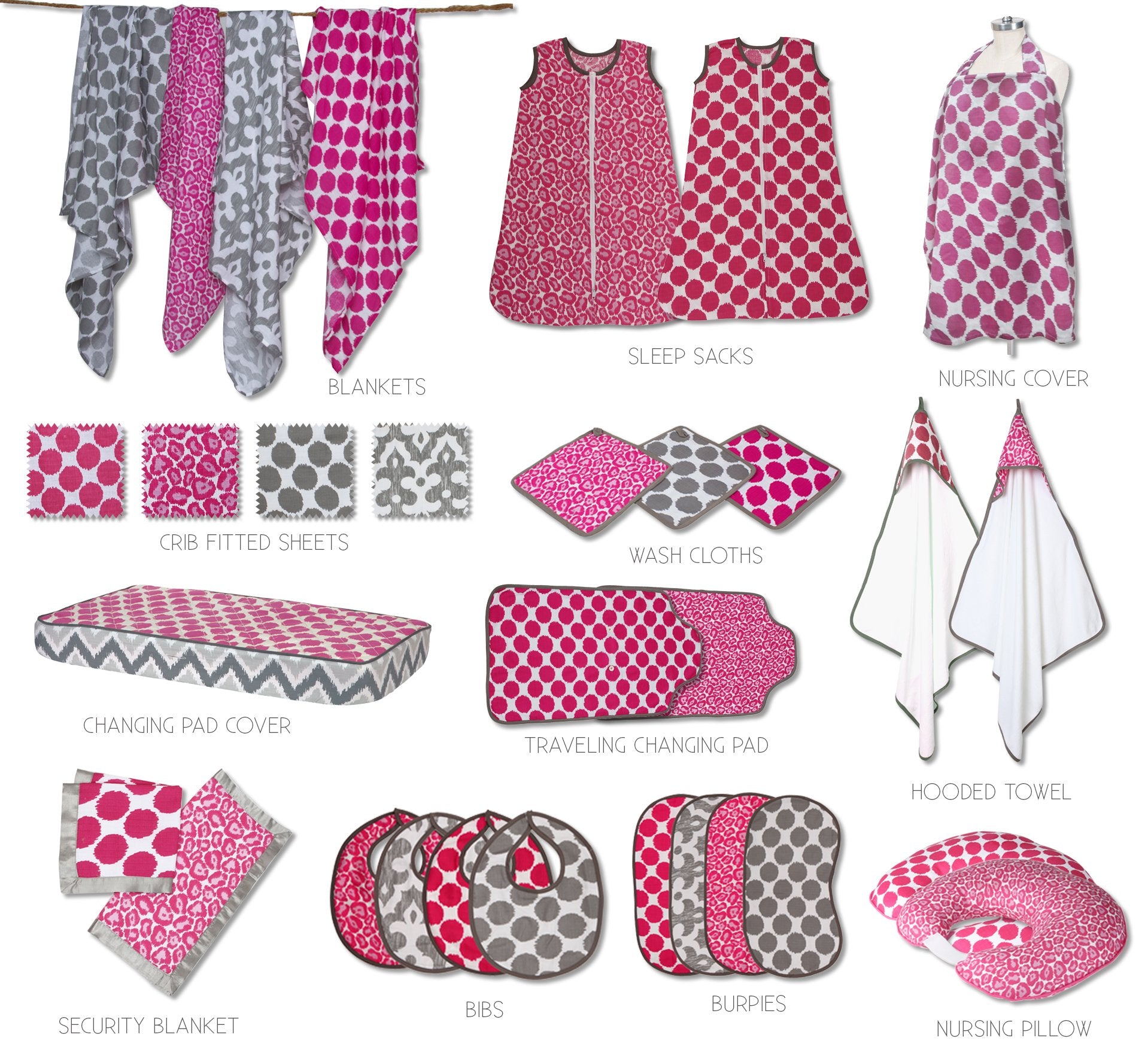 Bacati Ikat Pink/Grey 6 Pc Crib Set with 4 Muslin Swaddling Blankets, Crib Skirt & Solid Crib Fitted Sheet