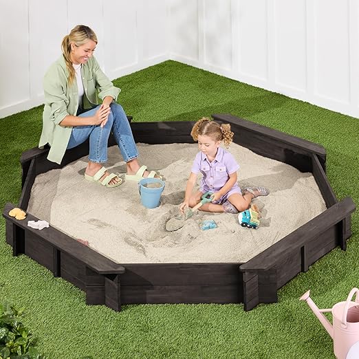 Kid's Large Octagonal Wooden Outdoor Sandbox with Cover w/ 4 Reinforced Benches