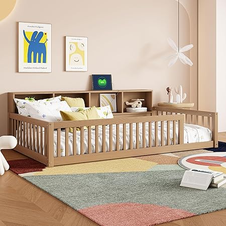 Twin Floor Bed with Storage and Safety Rails for Kids