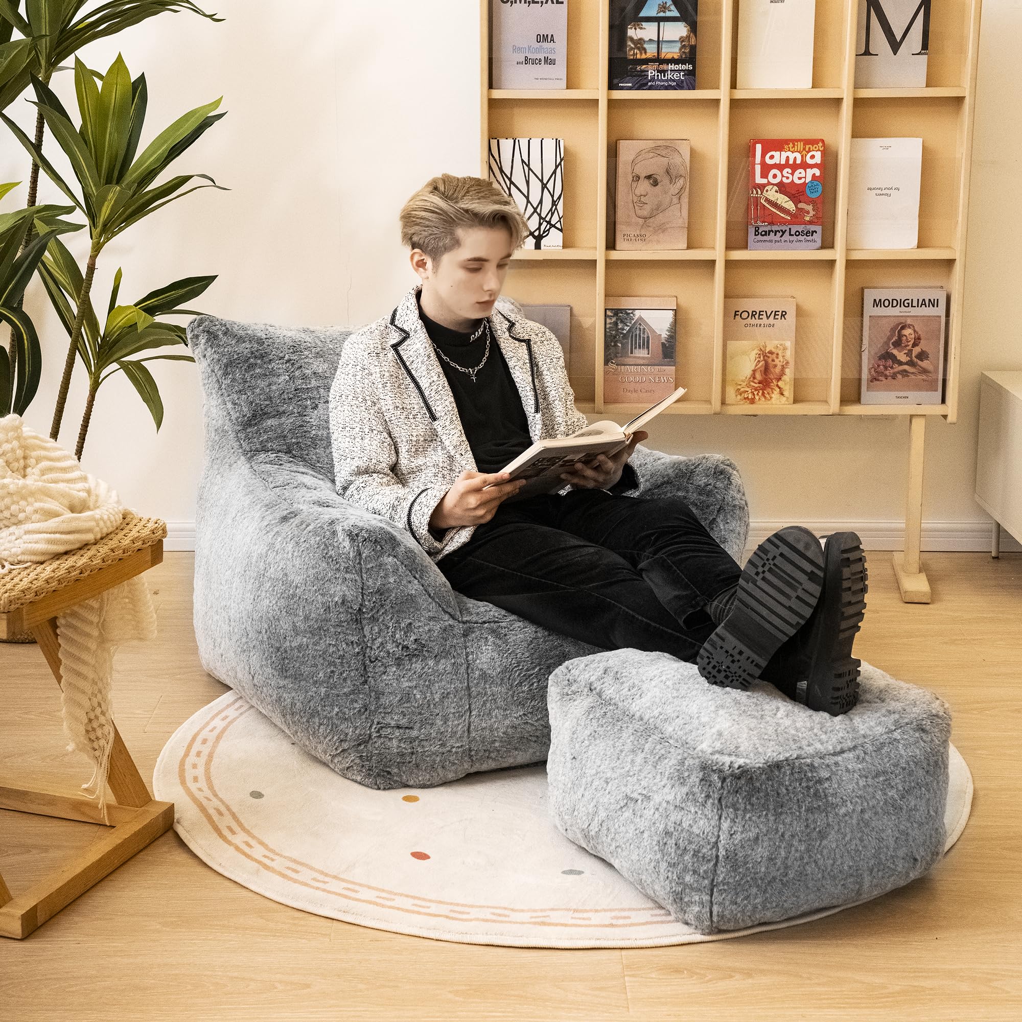 Bean Bag Chair with Ottoman and Footrest - Faux Fur