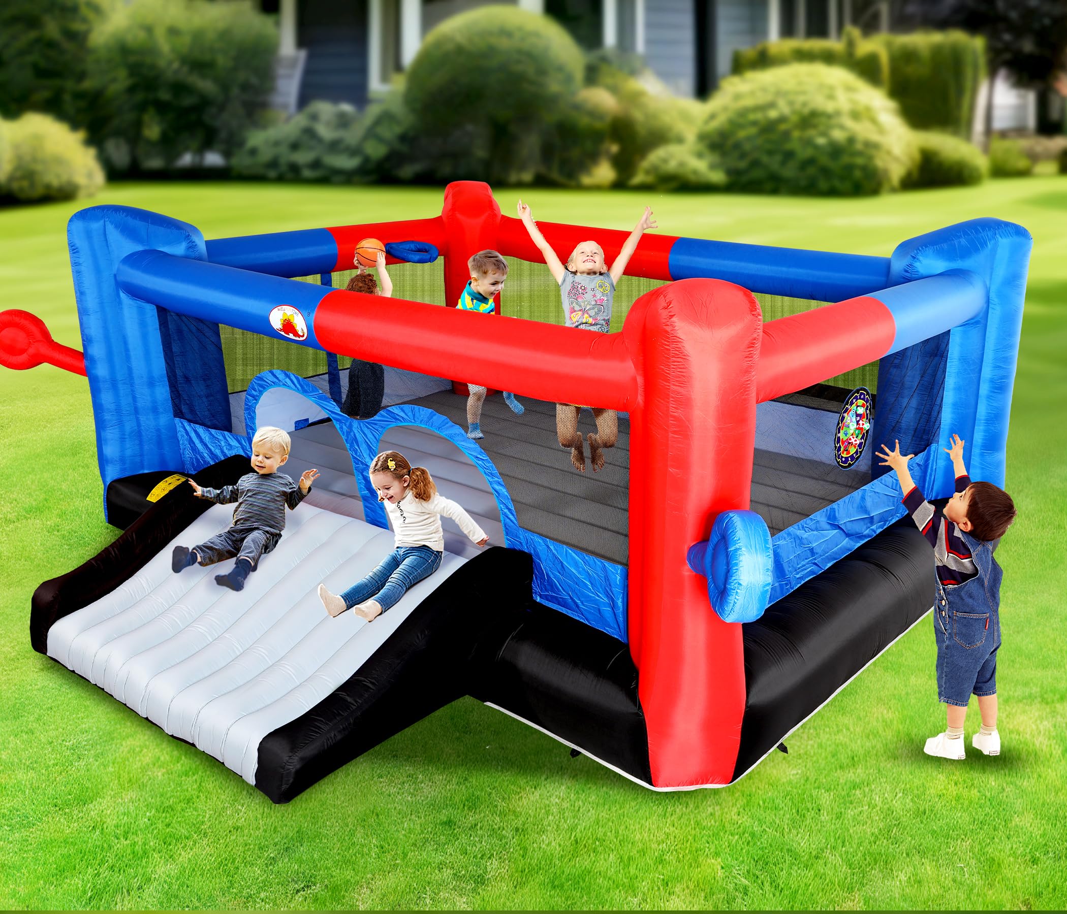 Inflatable Bounce House with Dual Slides and Basketball Hoops