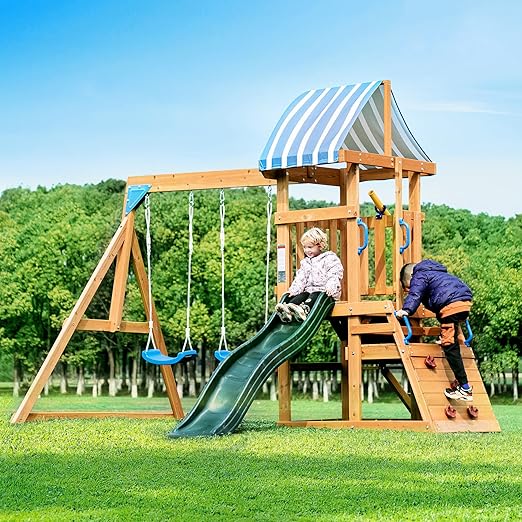 3-in-1 Playground Wooden Swing Sets for Backyard, DIY Swing Sets