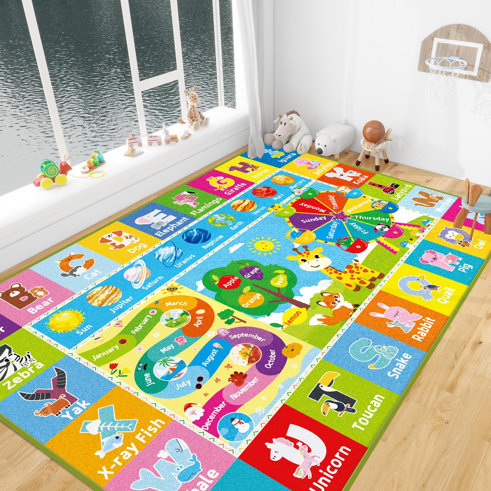 Kids ABC Educational Rug for Playroom & Classroom - Animal, Fruit, Planet Learning Rug