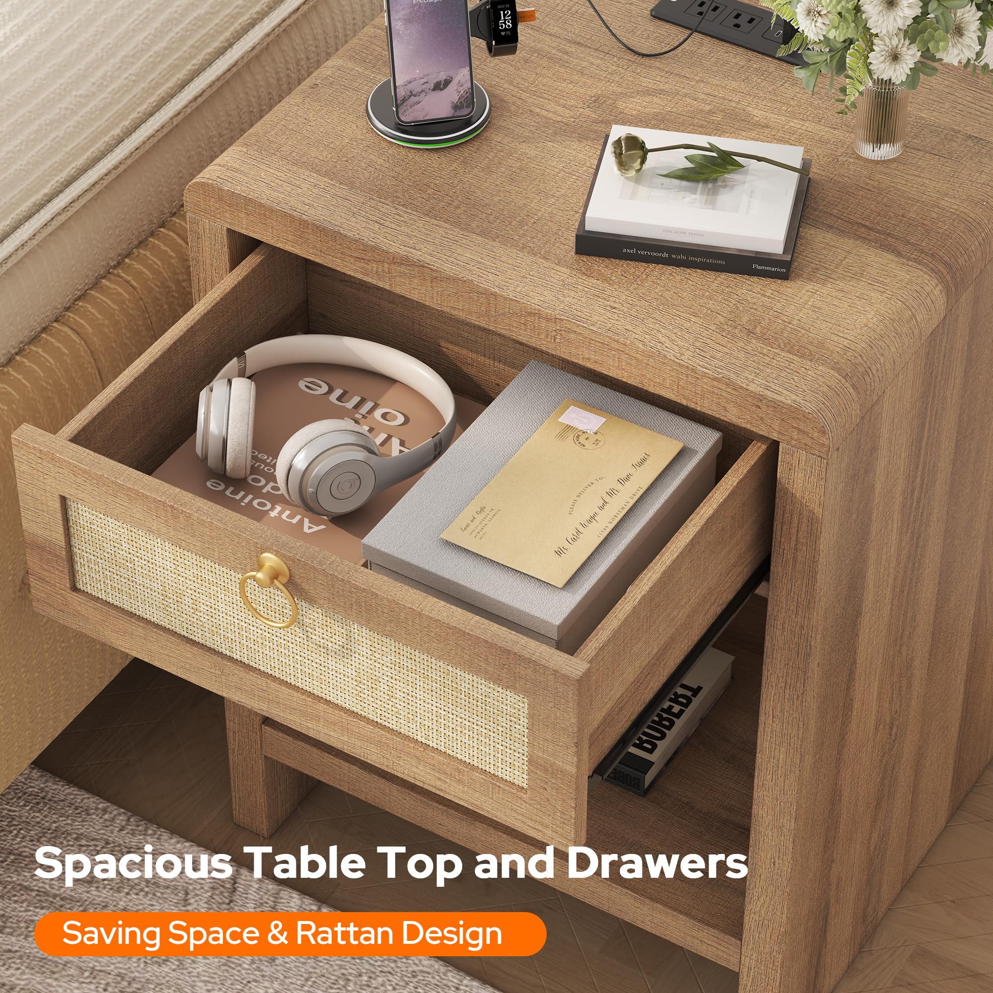 Rattan Nightstand Set with Charging Station