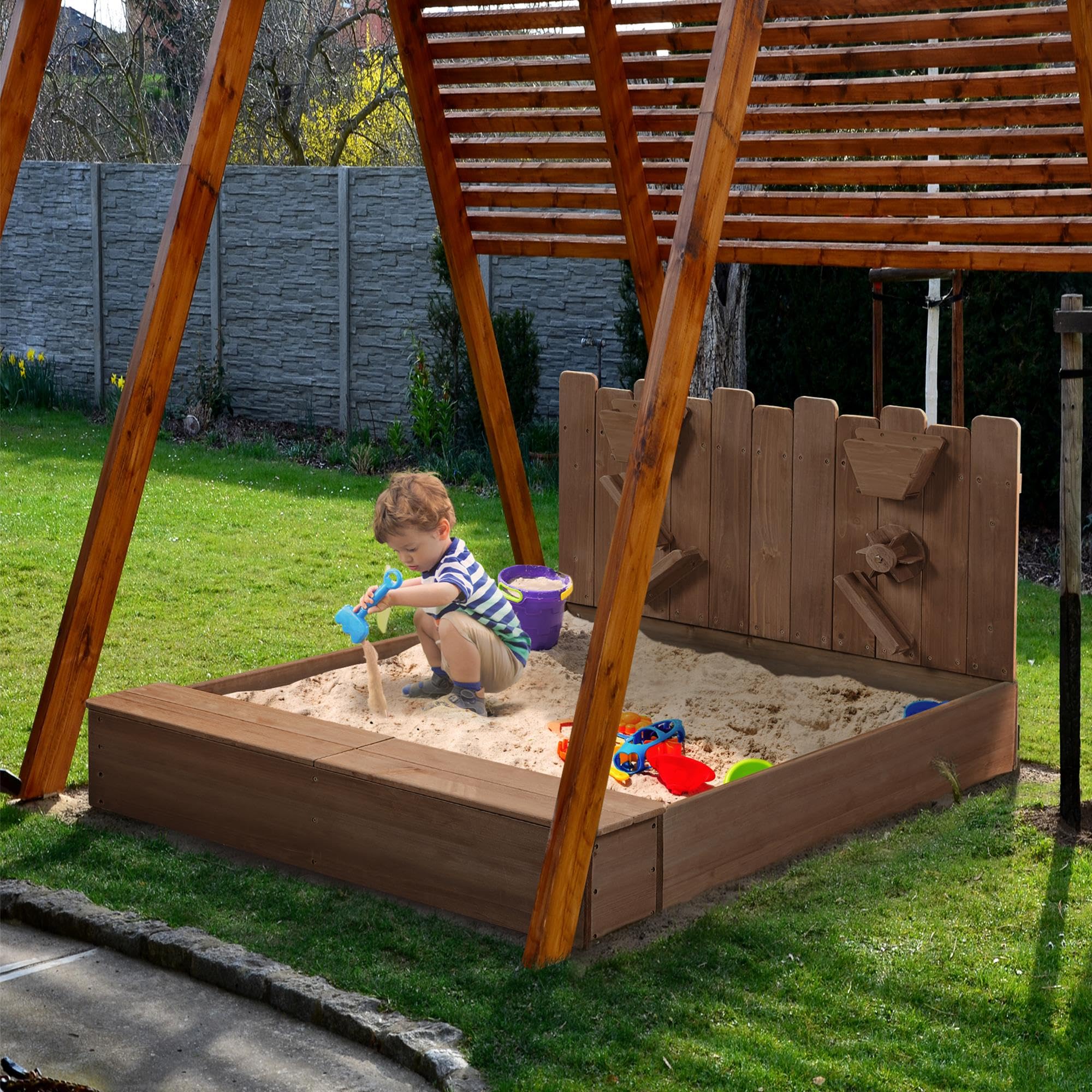 Wooden Sandbox with Storage Bench for Kids