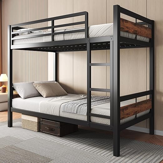 Metal Twin Over Twin Bunk Bed with Ladder and High Guardrail