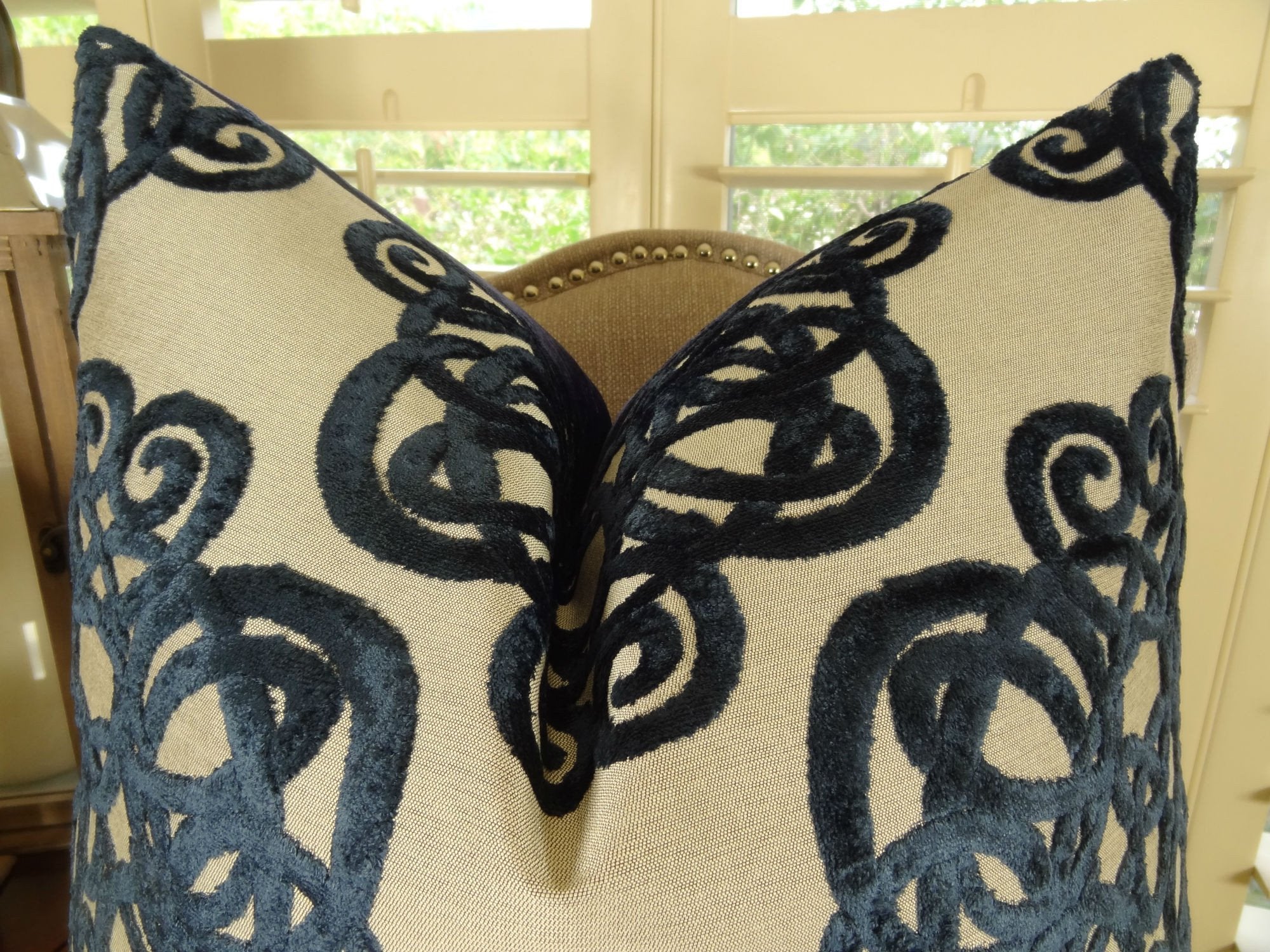 Luxury Designer Decortative Throw Pillow - Navy Beige Graphic