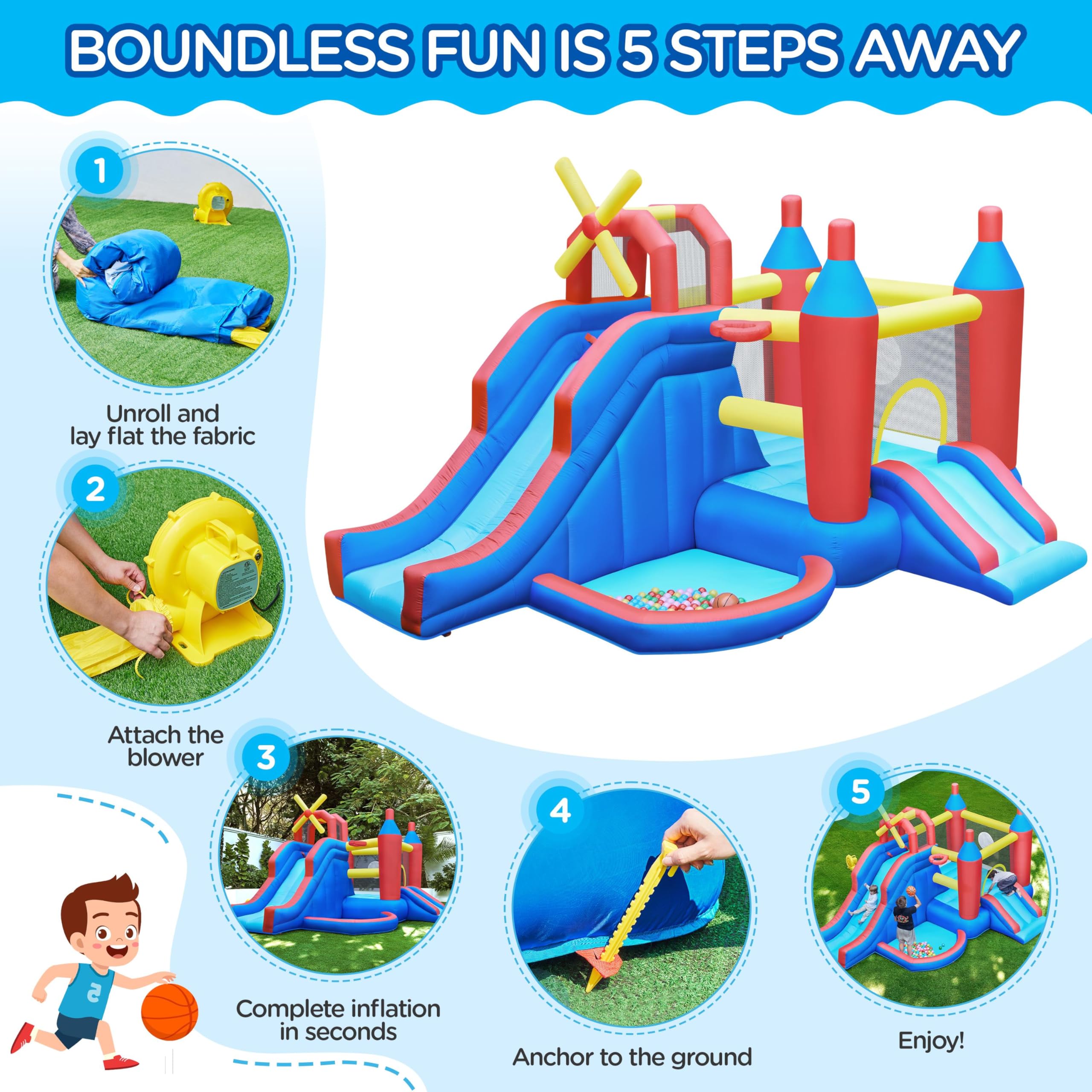 7-in-1 Inflatable Bounce House with Water Slide and Ball Pit