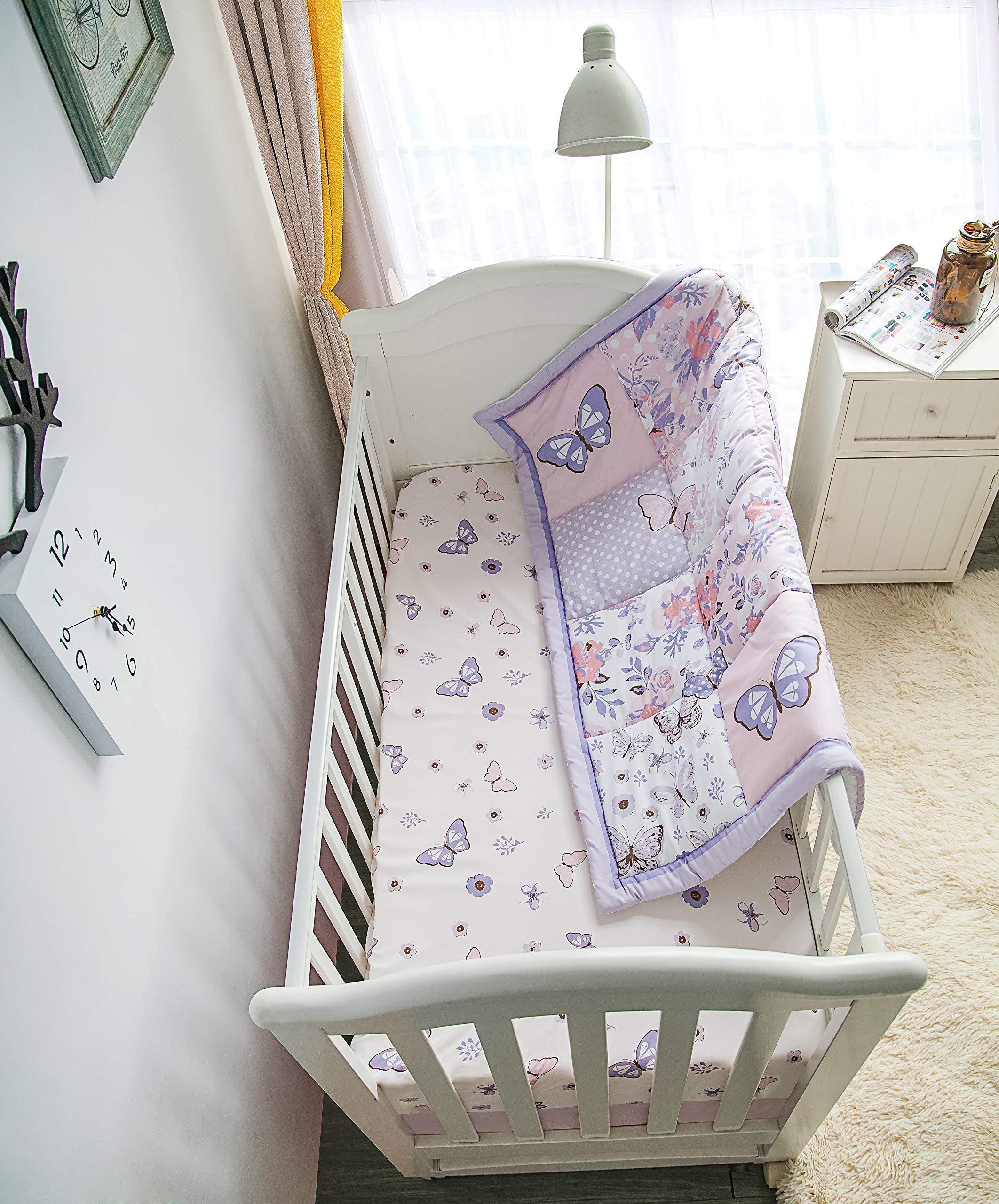 Purple Butterfly Baby Crib Bedding Set for Girls - 3 Piece Nursery Set