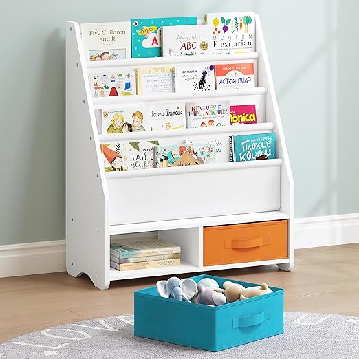Bookshelf Storage, Book Shelf for Kids Rooms, 4 Tier Sling Toddler Bookshelf