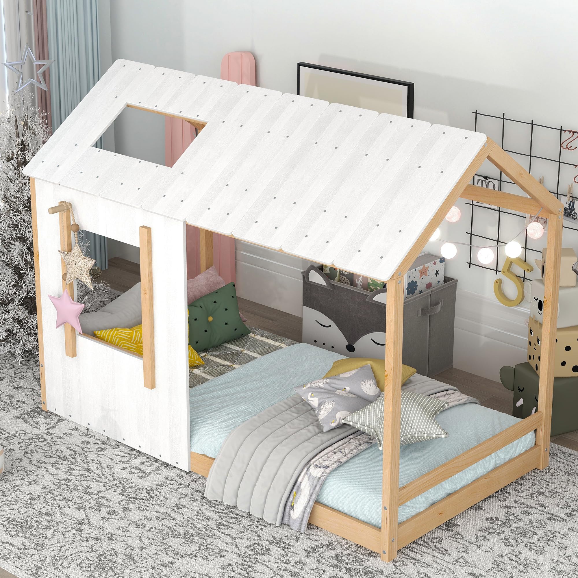 Twin Size Montessori Bed Frame, Twin Size House Floor Bed Frame with Headboard