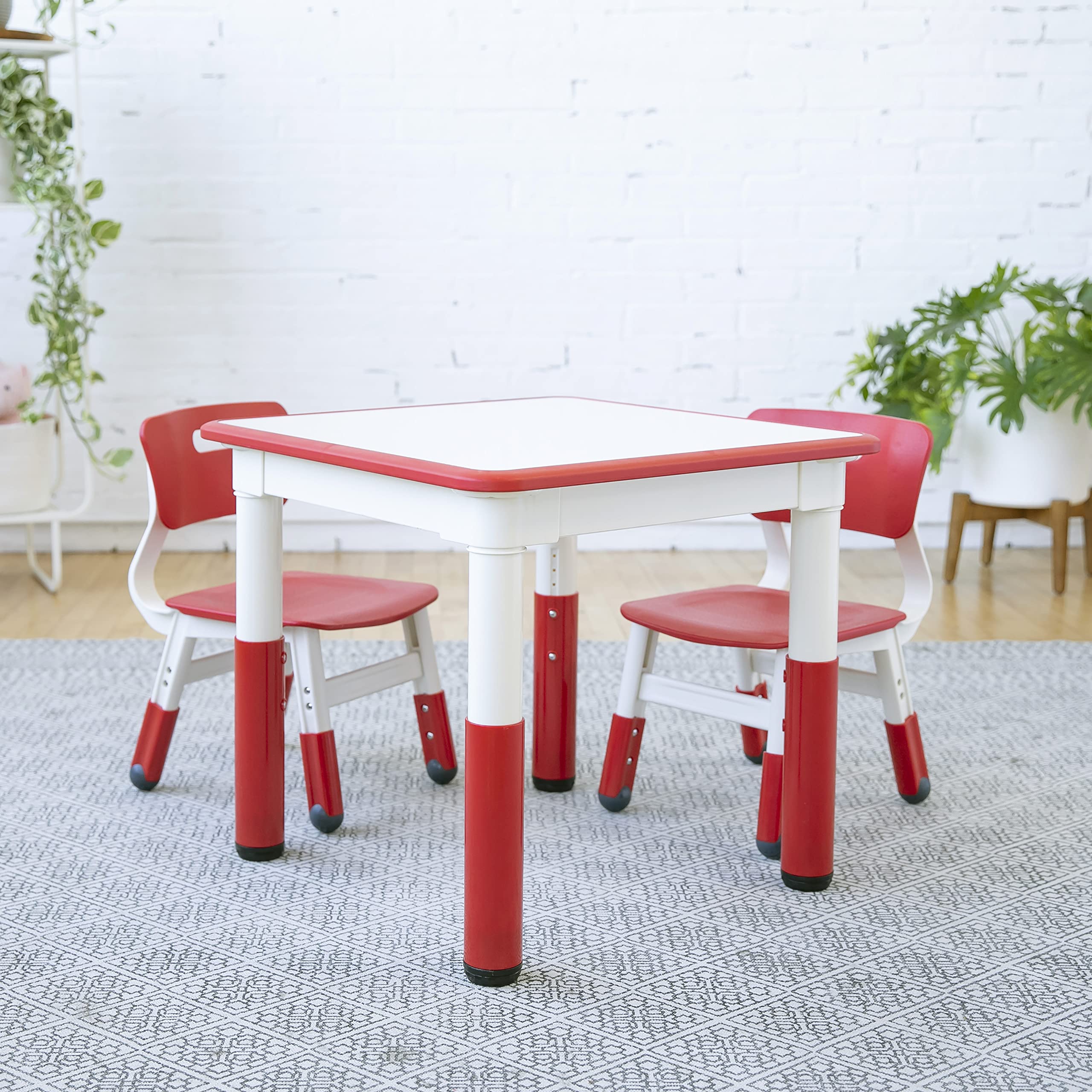 Dry-Erase Square Activity Table with 2 Chairs, Adjustable, Kids Furniture, Red, 1