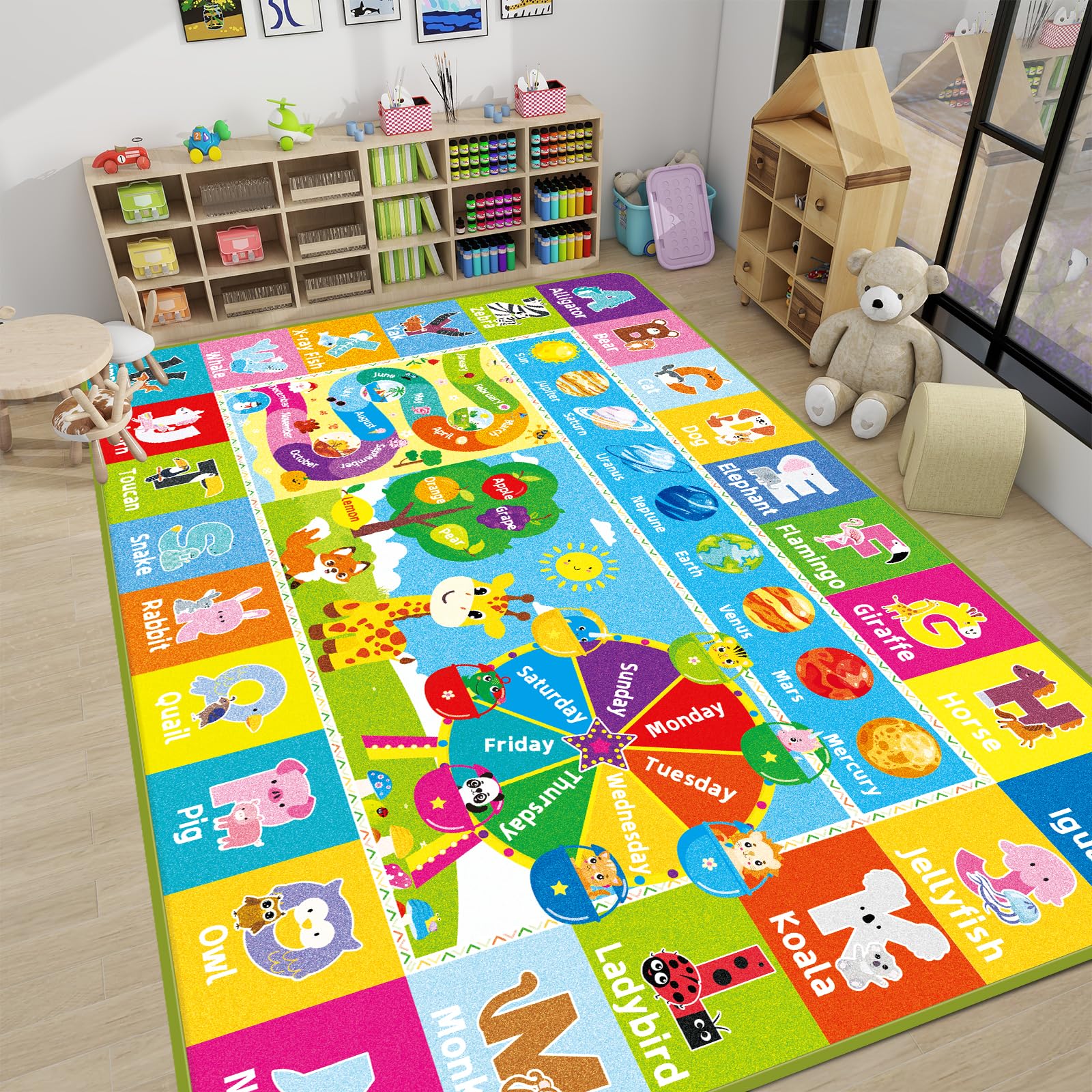 Kids ABC Educational Rug for Playroom & Classroom - Animal, Fruit, Planet Learning Rug