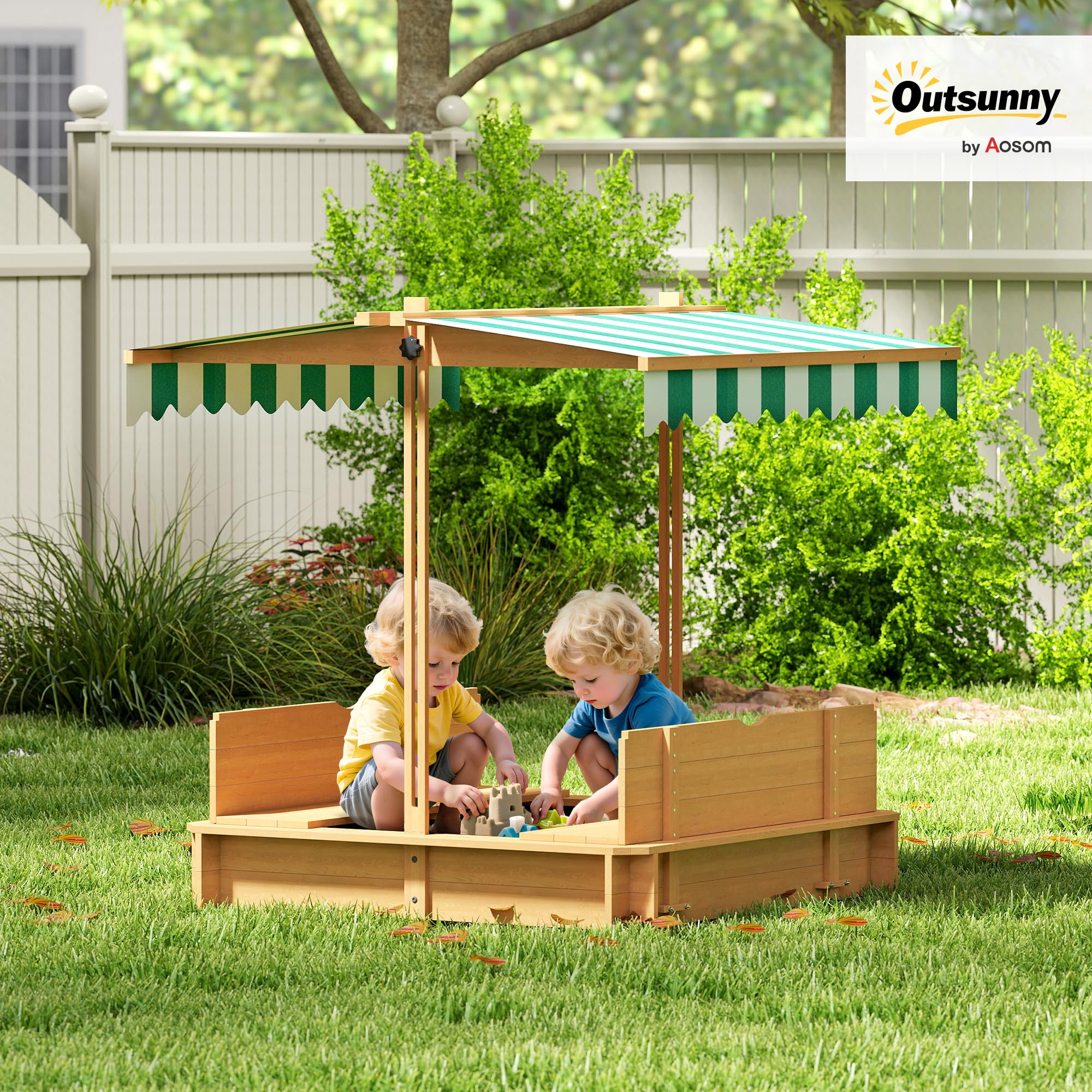 Wooden Sandbox with Lid, Kids Sandbox with Canopy Outdoor
