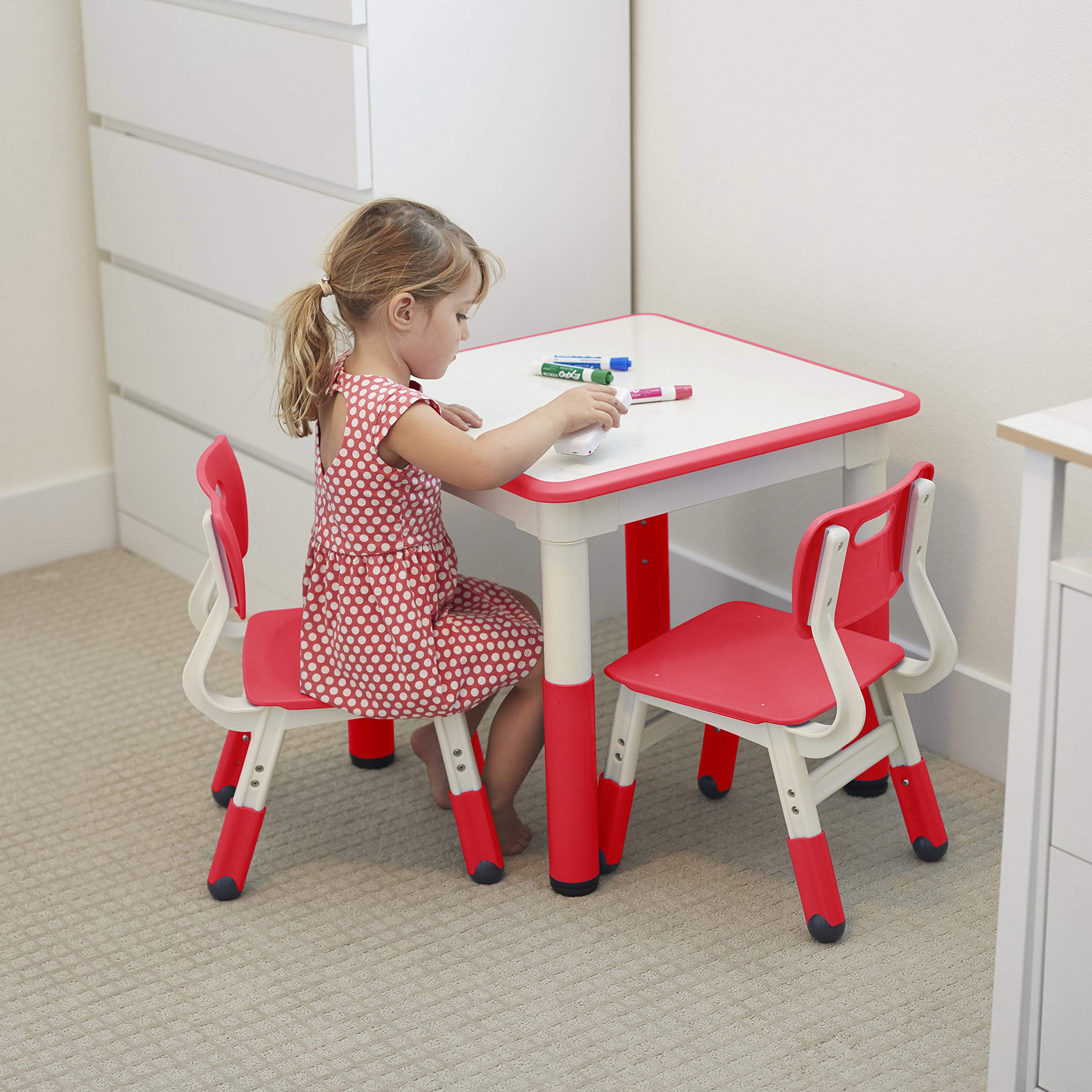 Dry-Erase Square Activity Table with 2 Chairs, Adjustable, Kids Furniture, Red, 1