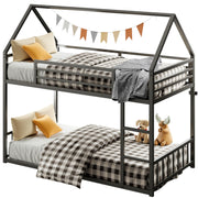 Bunk Bed Twin Over Twin, House Bunk Bed Frame with Ladder and Guardrail
