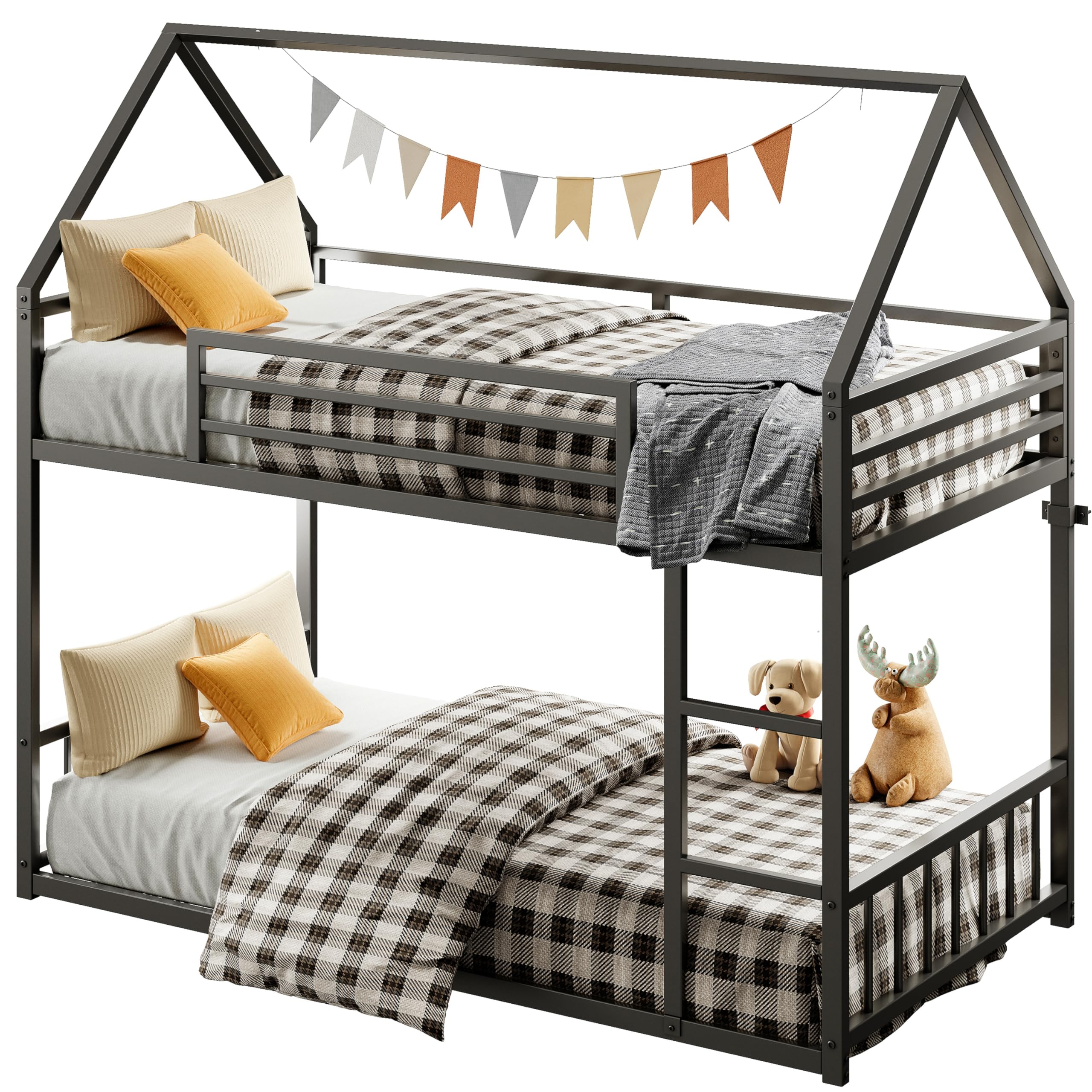 Bunk Bed Twin Over Twin, House Bunk Bed Frame with Ladder and Guardrail