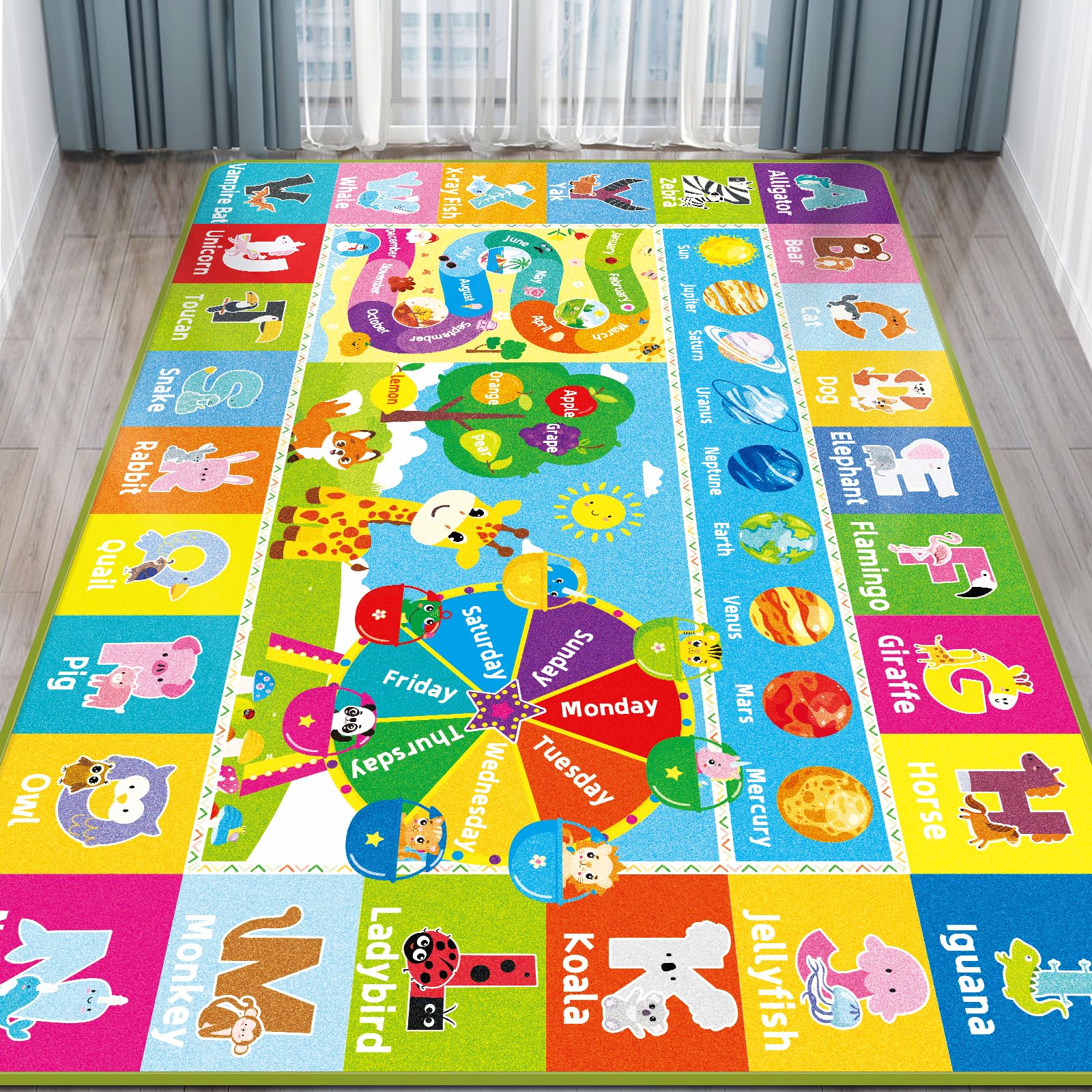Kids ABC Educational Rug for Playroom & Classroom - Animal, Fruit, Planet Learning Rug