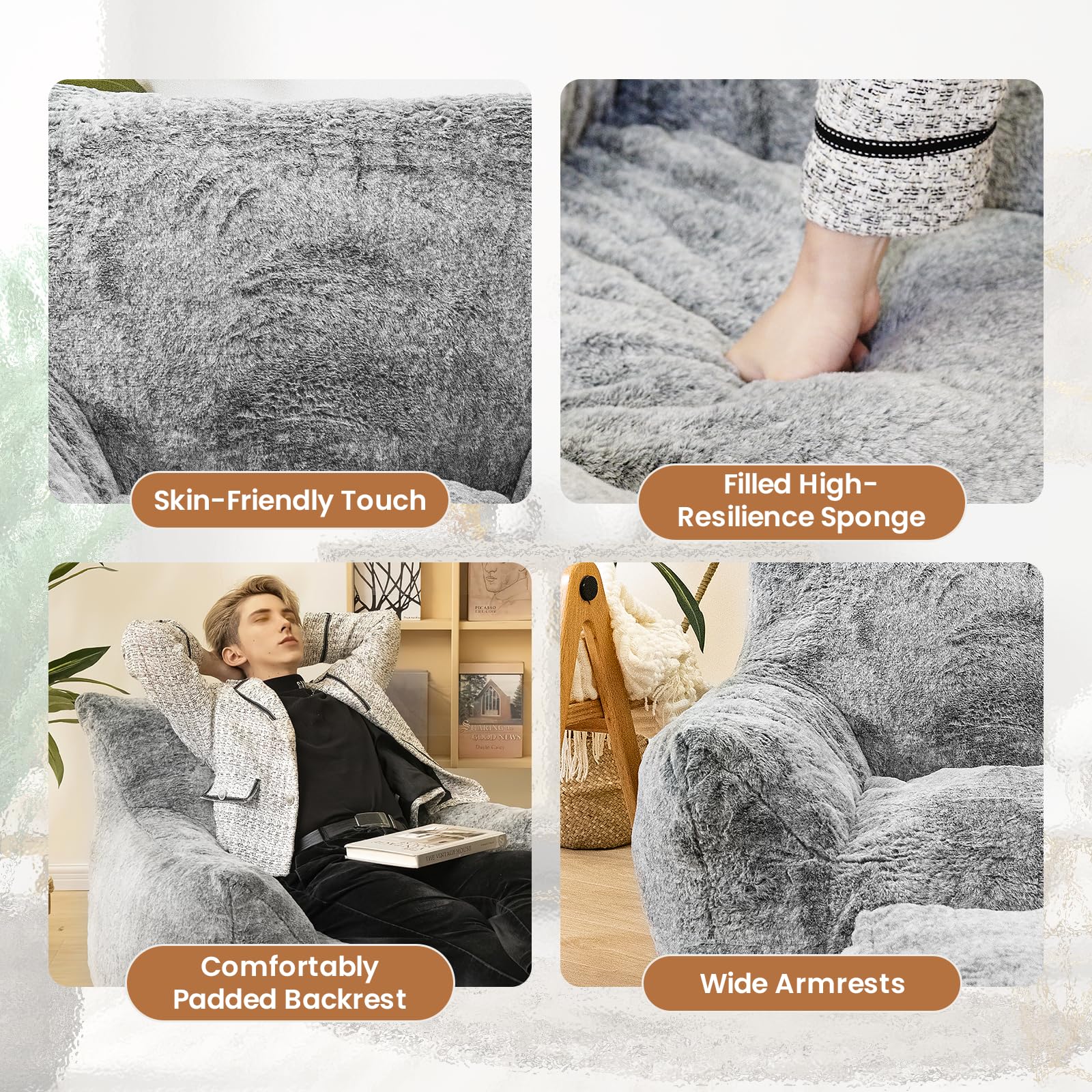 Bean Bag Chair with Ottoman and Footrest - Faux Fur