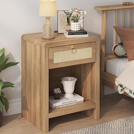 Rattan Nightstand Set of 2, Boho Bedside Table End Table